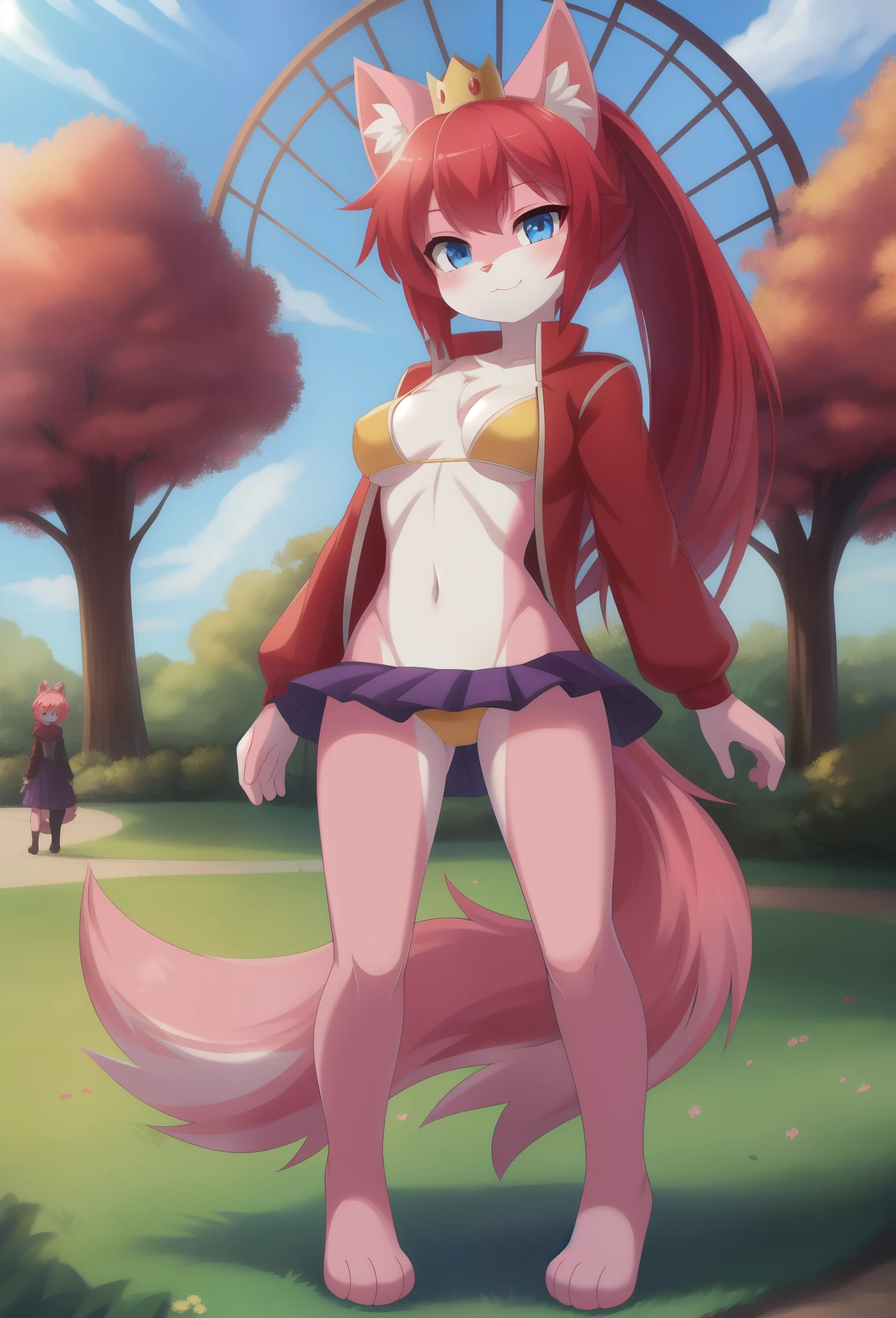 furry girl, cat, red hair, Knight bangs hairstyle, long ponytail, anime style, medium breasts, blue eyes, red jacket, open clothes, yellow bikini, purple skirt, princess crown, park, clear Sky, high quality, detailed body, detailed eyes, detailed face, masterpiece, glistening body, detailed body fur, best quality, two tone body, pink fur, clear pink fur, paws whit three toes, skinny, sassy face, :3,