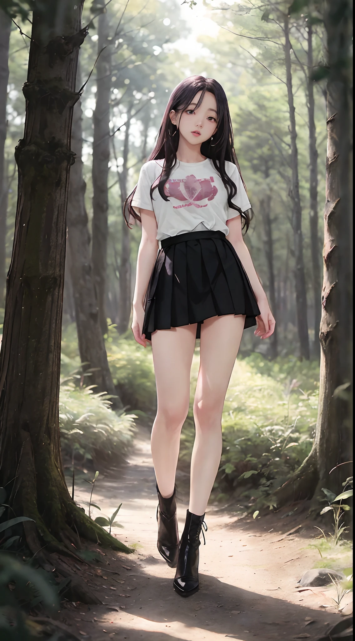 ((Jisoo from Blackpink)), t-shirt, tiny pleated skirt, black stockings up to the waist, high heels, full body shot from below, holding_the_edge_of_the_skirt_with_the_hands, breasts exposed, very light skin, very long hair, wavy hair, camp, forest, photorealistic, indirect lighting, volumetric light, ray tracing, hyperdetailed, best quality, high resolution, HDR, 8k