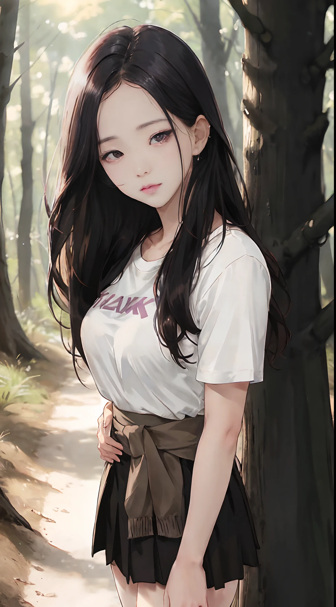 ((Jisoo from Blackpink)), t-shirt, tiny pleated skirt, black stockings up to the waist, high heels, full body shot from below, holding_the_edge_of_the_skirt_with_the_hands, breasts exposed, very light skin, very long hair, wavy hair, camp, forest, photorealistic, indirect lighting, volumetric light, ray tracing, hyperdetailed, best quality, high resolution, HDR, 8k