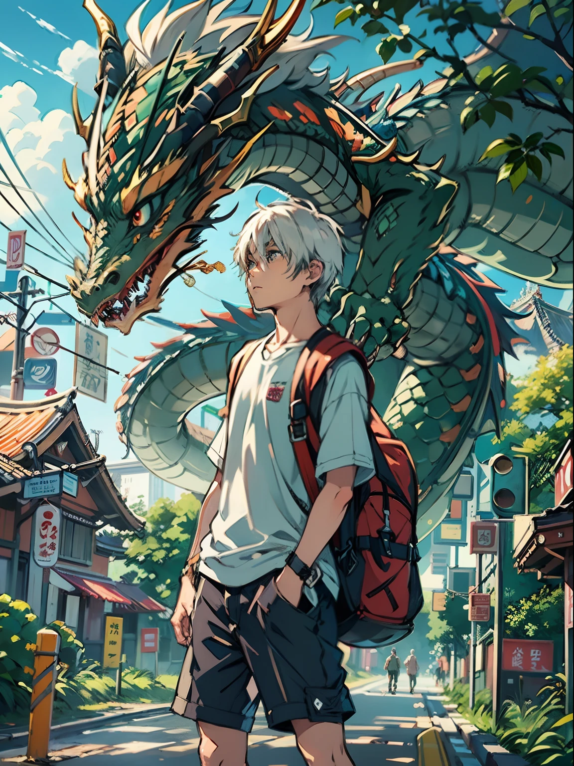 1boy,(Man's:2) ,Cyberpunk Boy、silber hair、The beginning of the adventure、(Dragon in the sky:1.5)、crowds,ruined and devastated city、Complex Japan buildings、school buildings、shrines、railroad crossing、Bus stop、Trees、Sunlight、Warm lighting、puddles、Good old Japan landscape、Beautiful and fantastic summer landscape、Cinematic scenery、hightquality、masutepiece,8K、hight resolution、ultra-detailliert,