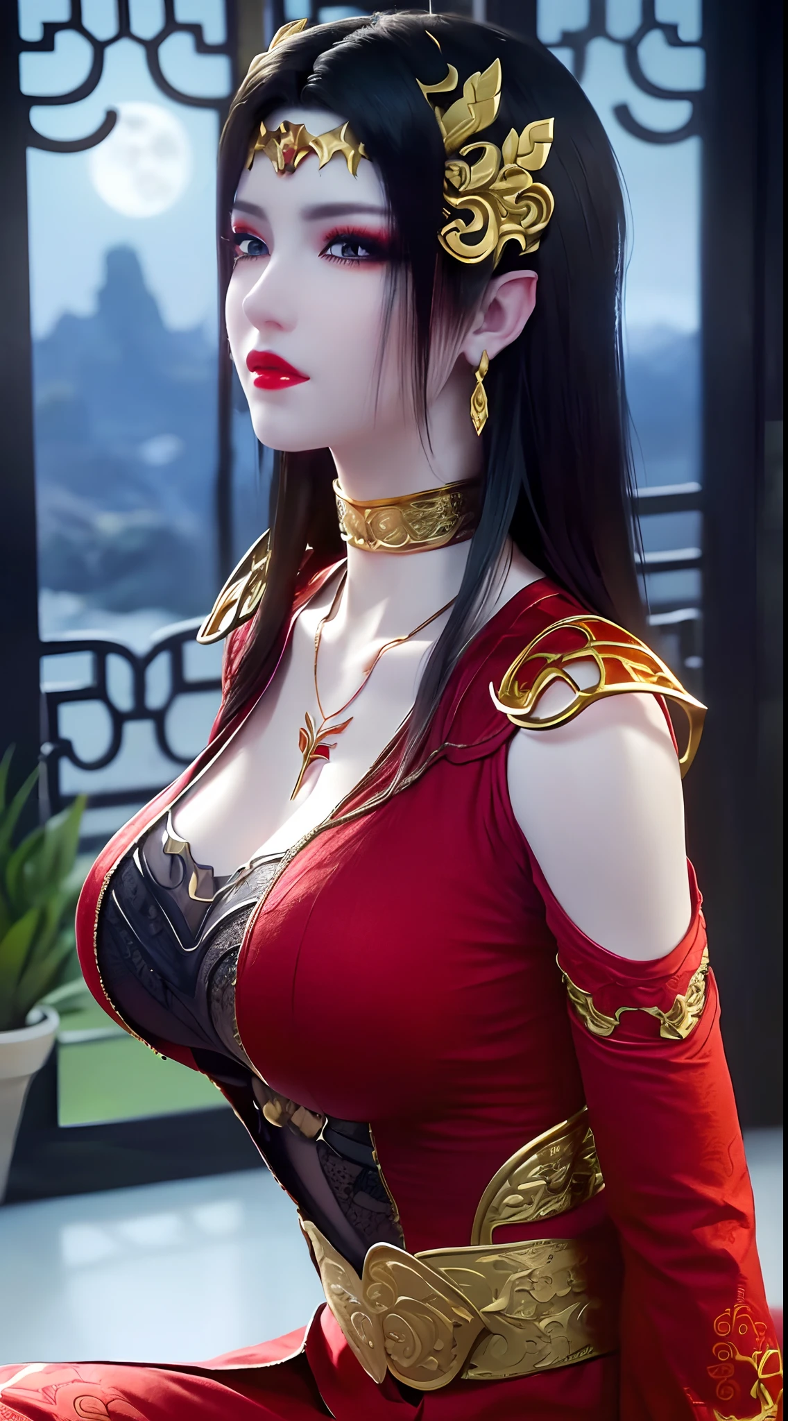 1 extremely beautiful queen, ((wearing traditional red hanfu with thin black patterns:1.6)), (((Patterns on clothes:1.6))), ((long black hair:1.6 )), elaborately crafted jewelry from precious stones and beautiful hair, (((wearing a 24k gold lace necklace:1.4))), noble, noble style of an extremely beautiful girl, Super cute little face, very pretty face, thin eyebrows, flawless beautiful face, ((black eye pupils: 0.8)), very beautiful eyes, ((platinum blue eyes: 1 ,6)), (((wide eyes: 1.6))), beautiful and detailed makeup, wet eye makeup eyelashes, high nose, earrings, red lips, ((closed mouth: 1.5) ) beautiful lips, slim arms, most beautiful thighs, ((arms behind and spread out to the sides: 1.5)), ((bent sitting position with chest out toward the audience and arms behind: 1.6) ), rosy face, clean face, flawless beautiful face, smooth white skin, (( super big and round firm breasts: 1.8)), firm breasts, beautiful cleavage, beautiful breasts, body perfect and proportioned, back arms, open chest, black sheer stockings with black lace trim, 8k photo, super high quality, hyper realistic, super 10 x pixel, optical, bright studio, bright edges, lighting two-tone, (high detail skin: 1.2), ultra 8k, soft light, high quality, volumetric light, optical, optical high resolution, light, best shot, quality 4k, 8k, smooth sharpness, 10 x pixels, ((sea and moonlight at night background: 1.5)), surreal graphics, most realistic graphics, 1 girl, alone, solo, extreme visuals sharp, surreal, (((frontal portrait: 1)))."