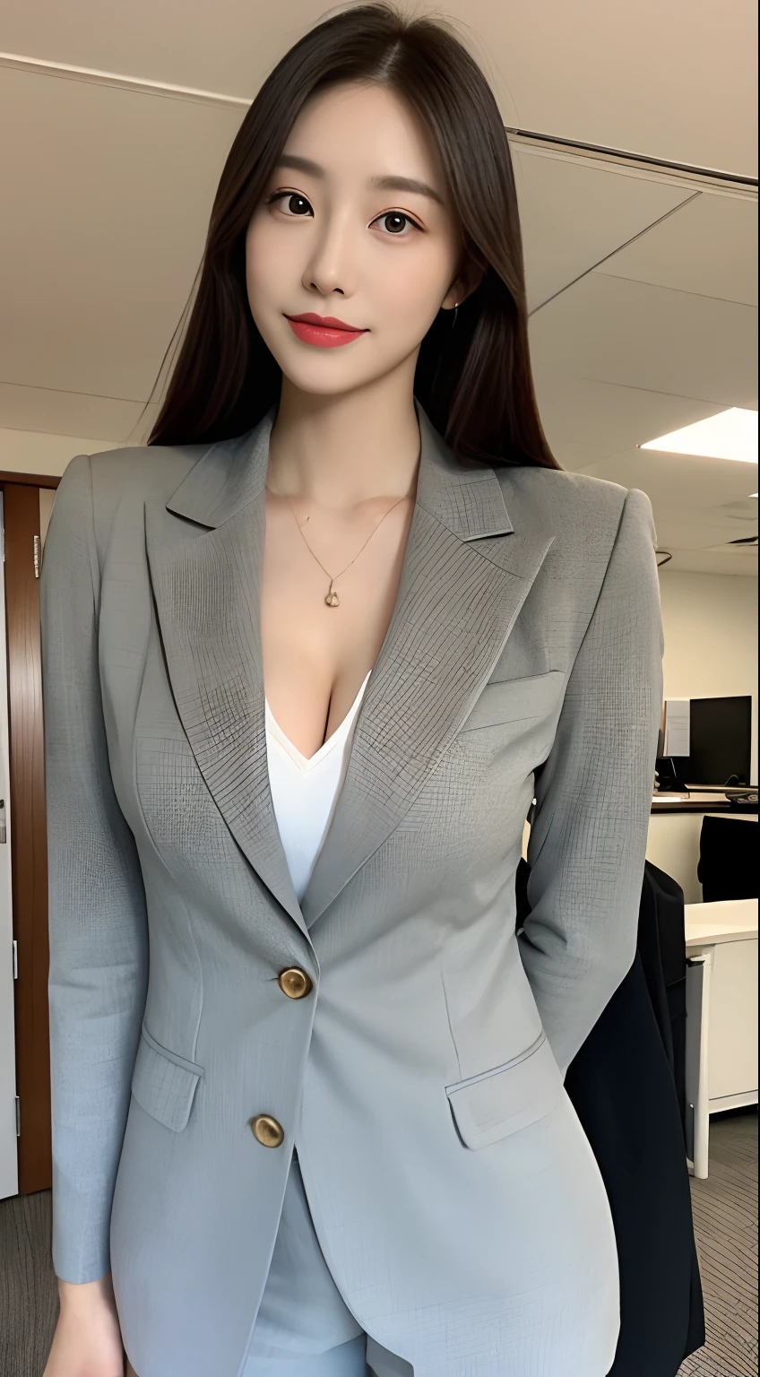 best masterpiece、Highest quality、shape、Very detailed、High resolution、8K wallpaper、Perfect dynamic shape、Beautiful and detailed、Natural color lip, Random Sexy pose,A very kind smile、17-year-old girl、cute、expensive、(Highest quality:1.3)、(masterpiece:1.3)、(The Very detailed手の指:1.3)、(wallpaper, One Girl:1.1)、(Delicate hands and fingers:1.2)、(Detailed super oily shiny skin:1.1)、Beautiful and lustrous thighs、(Sexy navy blue office suit style、Tight mini skirt、The chest is exposed:1.7)、(Large saggy and firm breasts:1.4)、slender body shape、Brown hair head、(Stable expression:1.5)、((Random hairstyles for medium length hair:1.3))、Beautiful sister、(Model standing pose in front:1.4)、Sexy pose、(((modern office building background:1.6)))、((Very firm and big boobs:1.1))、(Beautiful double eyelids:1.3)、Looking at the camera、Pelvic expanse、Perfect lighting、Depict the whole body