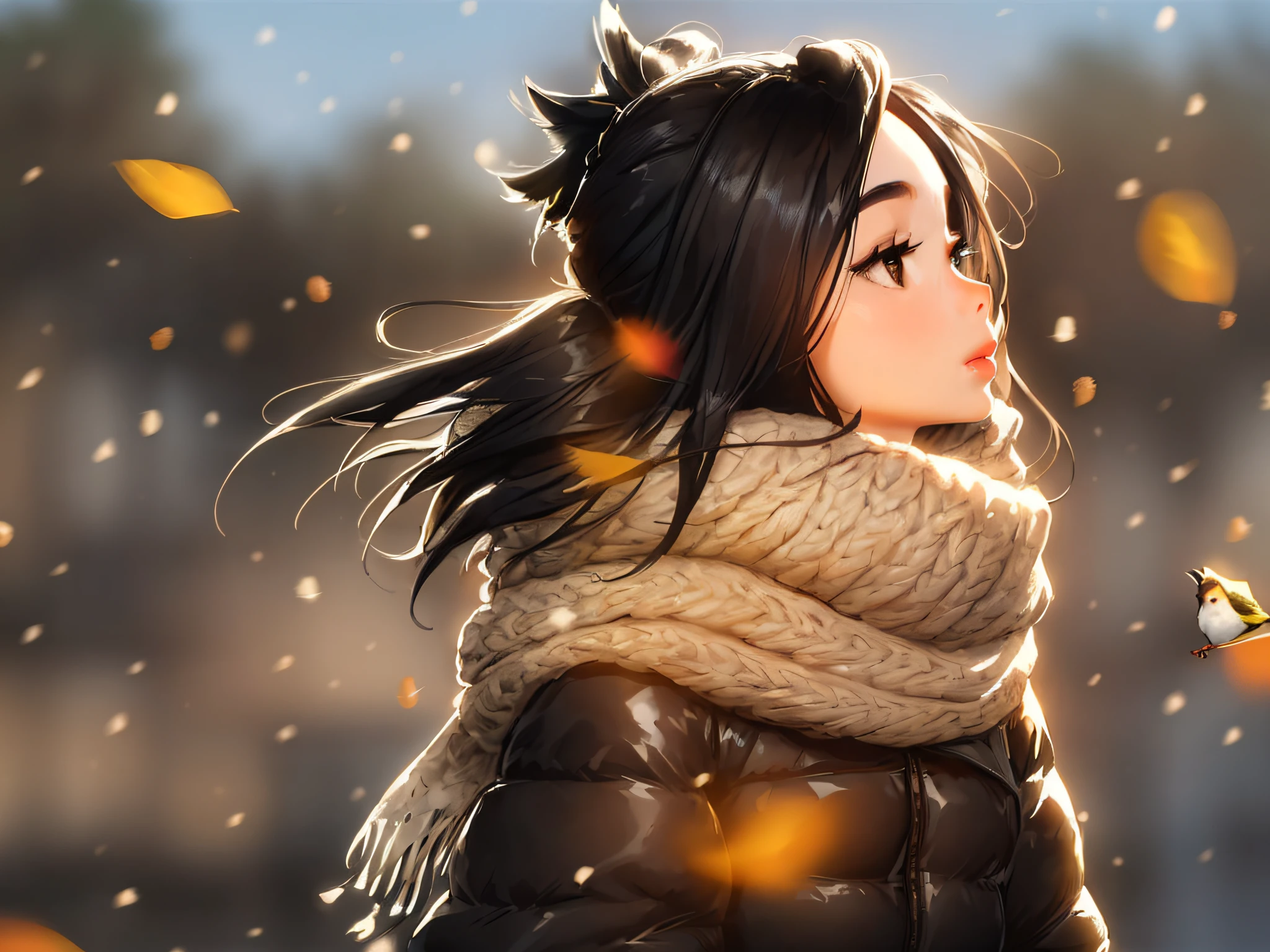 sam yang,
1girl, bird, black eyes, black hair, blurry, blurry background, autumn leaves, Whole body. sitting, lips, long-tailed tit, looking up, medium hair, profile, scarf, solo, tit (bird)
, ((masterpiece))