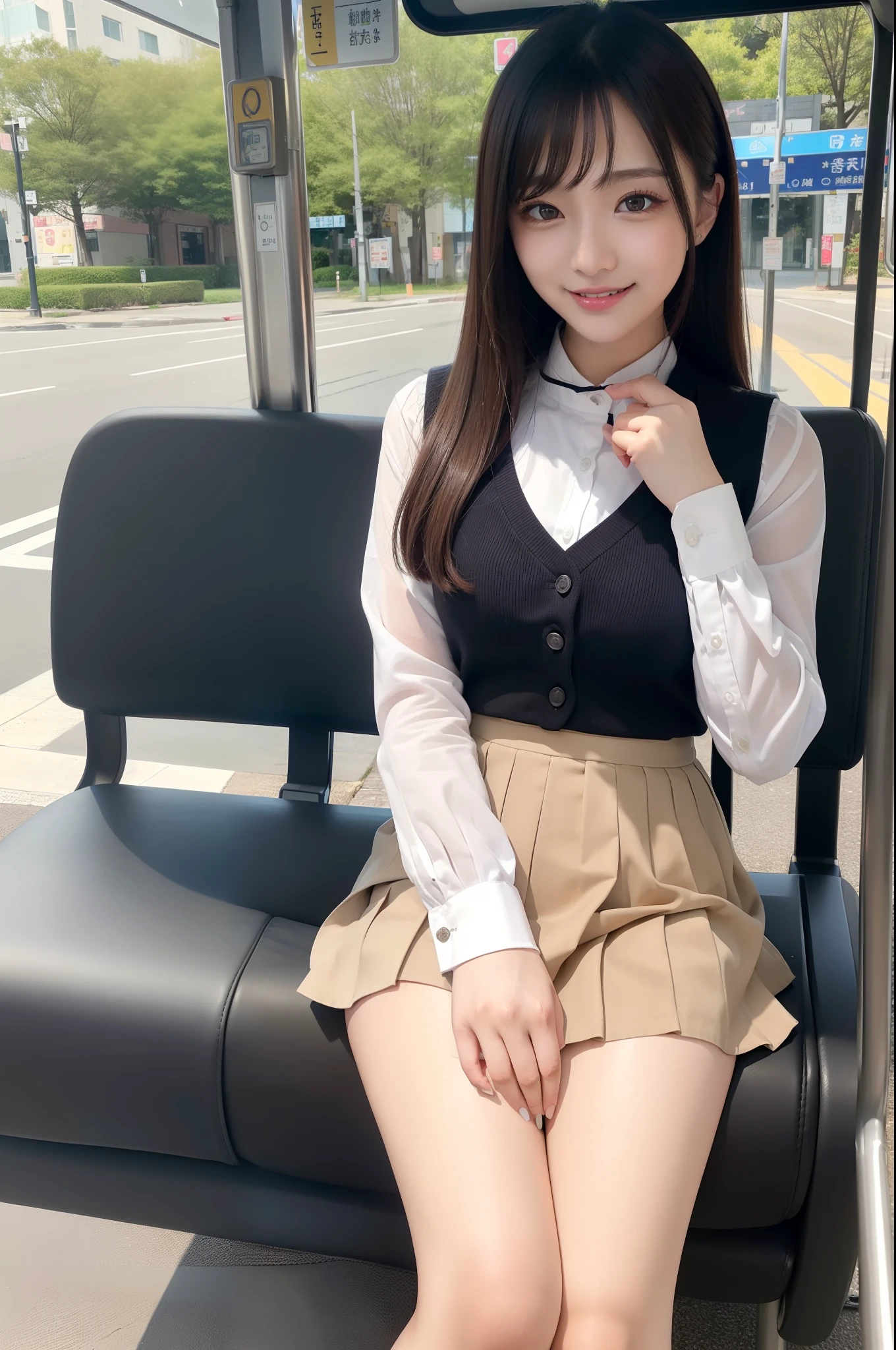(realisitic、Photorealsitic:1.37)、(masterpiece)、(top-quality:1.4)、(超A high resolution:1.2)、(Raw photography:1.2)、(foco nítido:1.3)、(Face Focus:1.2)、elegent、(full body Esbian:1.2)、top-quality、masterpiece、(真实感:1.2)、girl with、brown haired、Brown-eyed、frontage、A detailed face、beautidful eyes、Pleated mini skirt uniform、Panties are slightly visible、Take a bold seat at the bus stop(1.5)、Biting smile、a lot of eyelashes、high-heels、 Very pretty