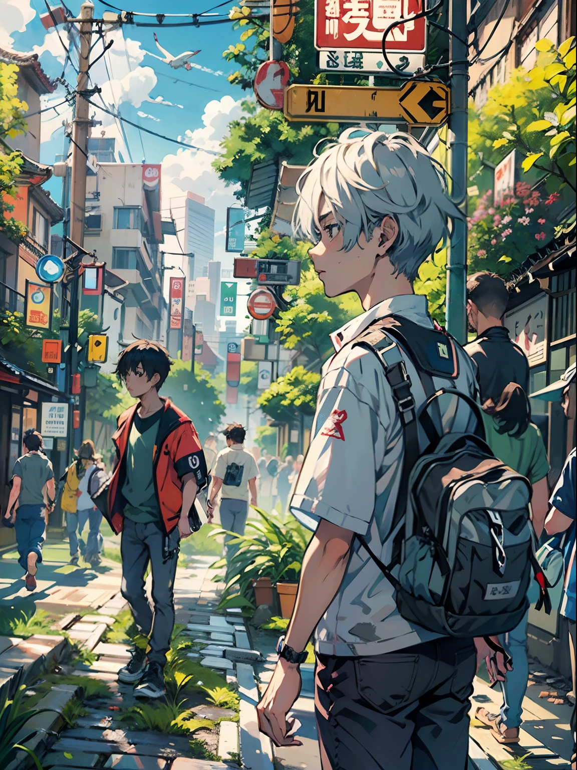 1boy,(Man's:2) ,Cyberpunk Boy、silber hair、The beginning of the adventure、(Dragon in the sky:1.5)、crowds,ruined and devastated city、Complex Japan buildings、school buildings、shrines、railroad crossing、Bus stop、Trees、Sunlight、Warm lighting、puddles、Good old Japan landscape、Beautiful and fantastic summer landscape、Cinematic scenery、hightquality、masutepiece,8K、hight resolution、ultra-detailliert,