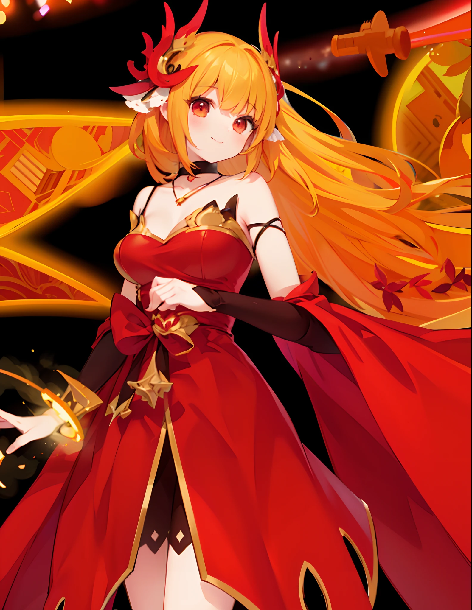 ((tmasterpiece:1.4,best qualtiy))+,(hyper-detailing)+,(Ultra-detailed eyes)+,(Ultra-detailed hair)+,Orange-red eyes,Girl with a smile