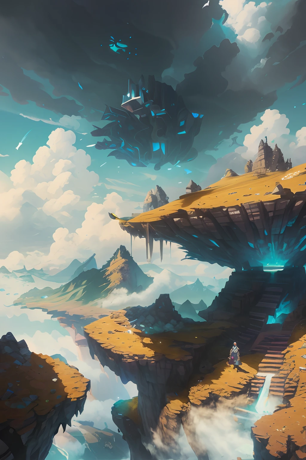 a drawing，A woman stands on a cliff，There is a mountain in the distance, 4k highly detailed digital art, epic fantasy sci fi illustration, Detailed digital 2D fantasy art, 4K detailed digital art, Epic fantasy digital art style, Digital 2D fantasy art, Floating mountains, detailed fantasy digital art, Art fantastique grand angle, Concept art wallpaper 4K，white colors，（（blue colors）），