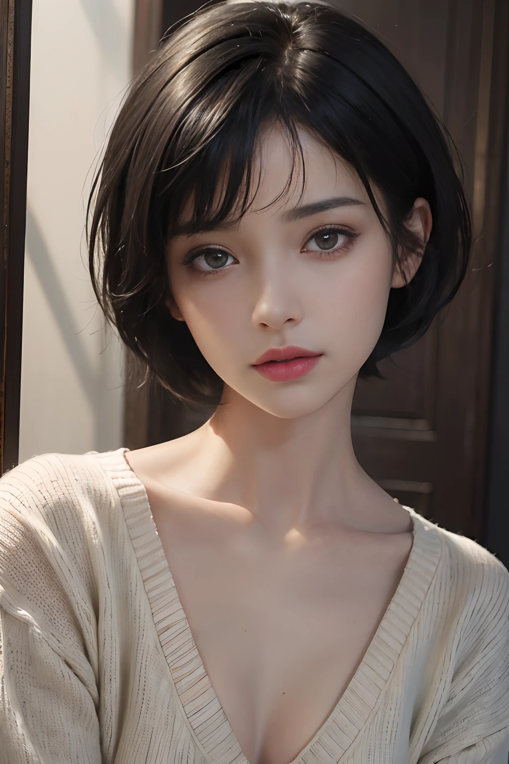 (8k、Photorealsitic、RAW Photography、top-quality: 1.4)、(1girl)、beautiful countenance、(lifelike face)、(A dark-haired、short-hair:1.3)、Beautiful hairstyle、realisticeyes、Beautiful details、(real looking skin)、Beautiful skins、、absurderes、enticing、超A high resolution、A hyper-realistic、high-detail、the golden ratio、fully body photo、office、1人、inside the house、suits、
