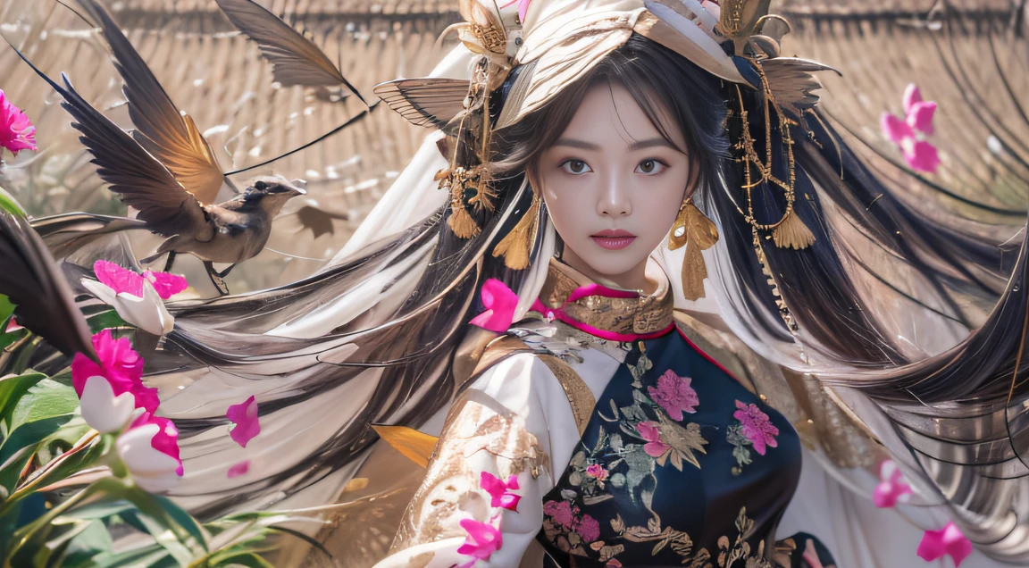 32K(tmasterpiece,k hd,hyper HD,32K)Long flowing black hair,ponds,zydink, a color, Hold the knife in both hands (Slightly drunk girls), (Rouge scarf), Combat posture, looking at the ground, long whitr hair, Floating hair, Carp pattern headdress, Chinese long-sleeved taupe pink outfit, (Abstract gouache splash:1.2), Pink petal background,Pink and white lotus flowers fly(realisticlying:1.4),Black color hair,Fallen leaves flutter,The background is pure,Hold the knife in both hands , A high resolution, the detail, RAW photogr, Sharp Re, Nikon D850 Film Stock Photo by Jefferies Lee 4 Kodak Portra 400 Camera F1.6 shots, Rich colors, ultra-realistic vivid textures, Dramatic lighting, Unreal Engine Art Station Trend, cinestir 800,Long flowing black hair,Silk clothes
