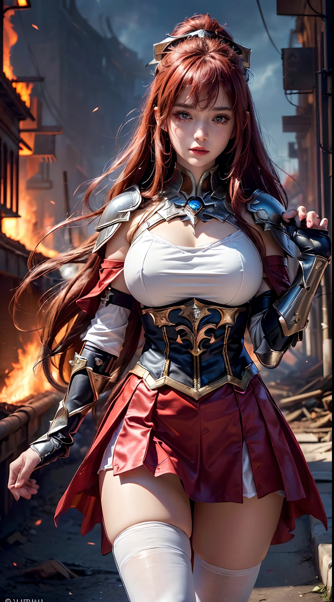8k, 。...........3D, realista, Ultra Micro Photography, of the highest quality, Super detalle CG Unity 8k,Perfect face, beauty, beautiful figure, prideful pose, elesis elsword online, swordswoman, long hair, red hair, light armor, skirt, laced black stockings, red and white dress, knightess, knight attire, white cape, breast plate, arm plate,Hermosa ,(manos detailed:1.4),(Fire apocalyptic city:1.4)