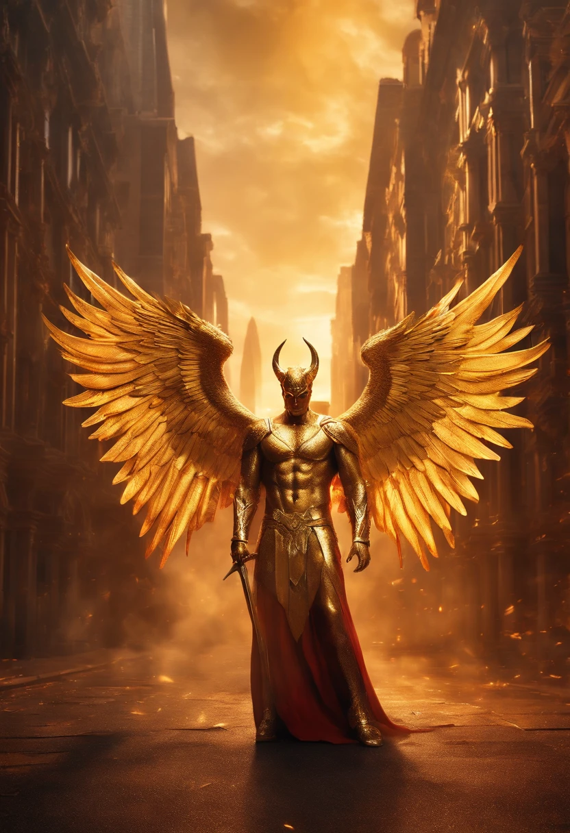 Ultra-realistic devil: A golden angel with wings spread with a fiery sword in his hand, standing in the middle of a city made of gold and silver buildings