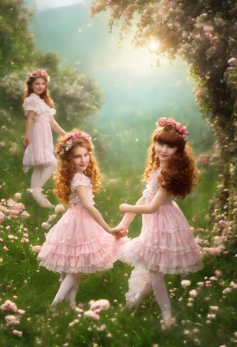 Vision, (three Lolitas: 2) Stable diffusion is the best image quality, morning sunshine, spring scenery, dew and flowers, flying hair, living in a dreamland of mushrooms and fairy tales, traveling, running, and laughing. forest path