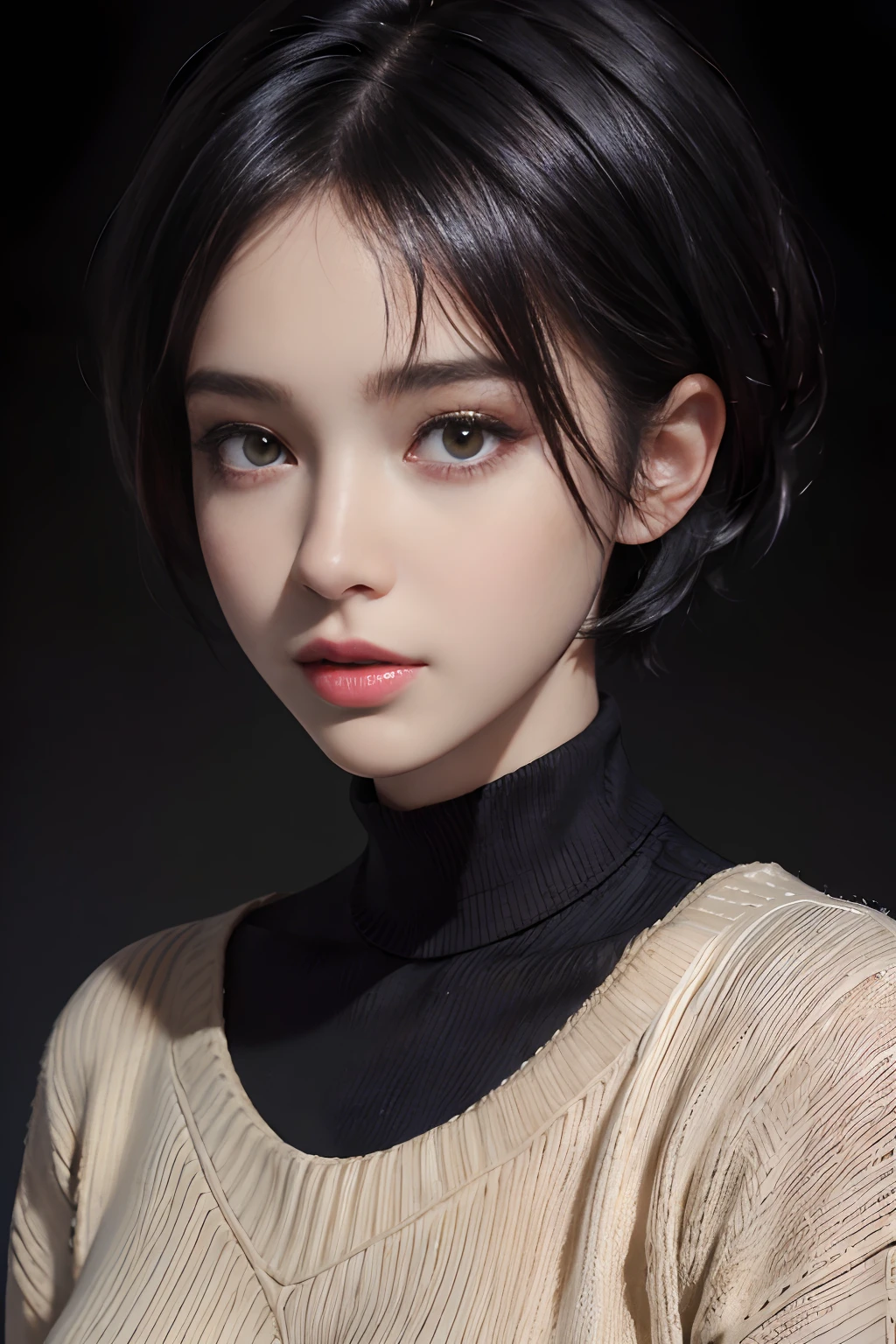 (masterpiece:1.3), (8k, photorealistic, RAW photo, best quality: 1.4), (1girl), beautiful face, (realistic face), (black hair, short hair:1.3), beautiful hairstyle, realistic eyes, beautiful detailed eyes, (realistic skin), beautiful skin, (sweater), absurdres, attractive, ultra high res, ultra realistic, highly detailed, golden ratio