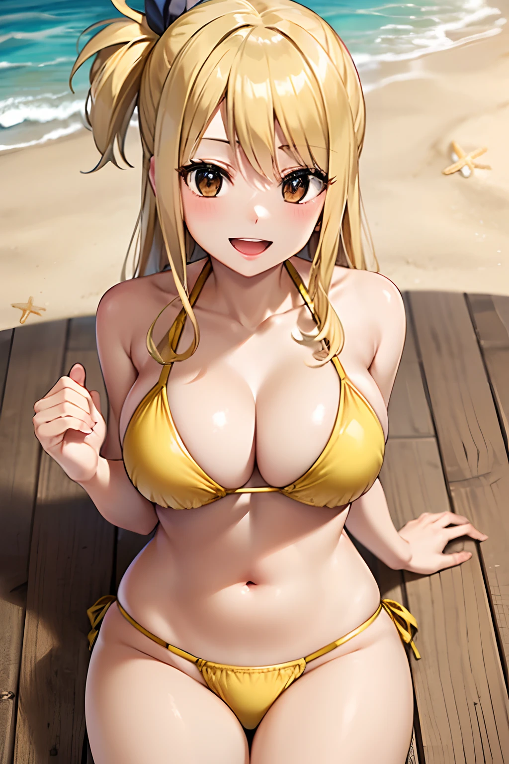 Master masterpiece, top-quality, High Definition, , Lucy Heartphilia, blonde hair, length hair, large full breasts, Smile with open mouth, Solo、cowboy shot, (Yellow Bikini:1.3)、(the beach:1.3)、