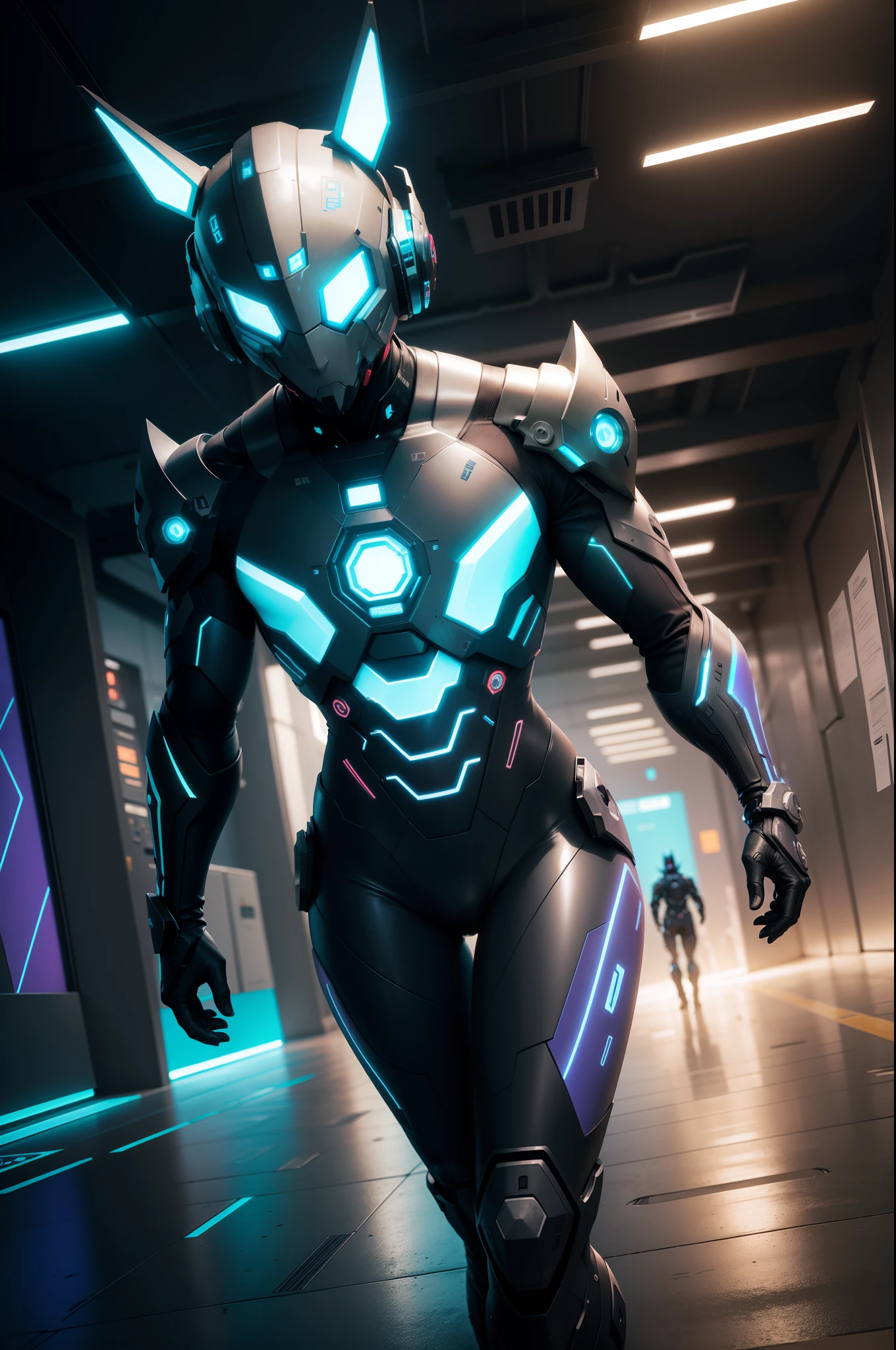 (male protogen),Cyberpunk,Mechanicalgirl,olhos brilhantes,metallic surface,display digital,Advanced technology,Futuristic,neon lights,electromagnetic field,bordas afiadas,Design simplificado,organismo digital,Biomechanicals,Atmosfera misteriosa,viseira de vidro,sentidos aprimorados,energetic pose,invisible circuits,holographic projections,fios coloridos,ciborgue macho