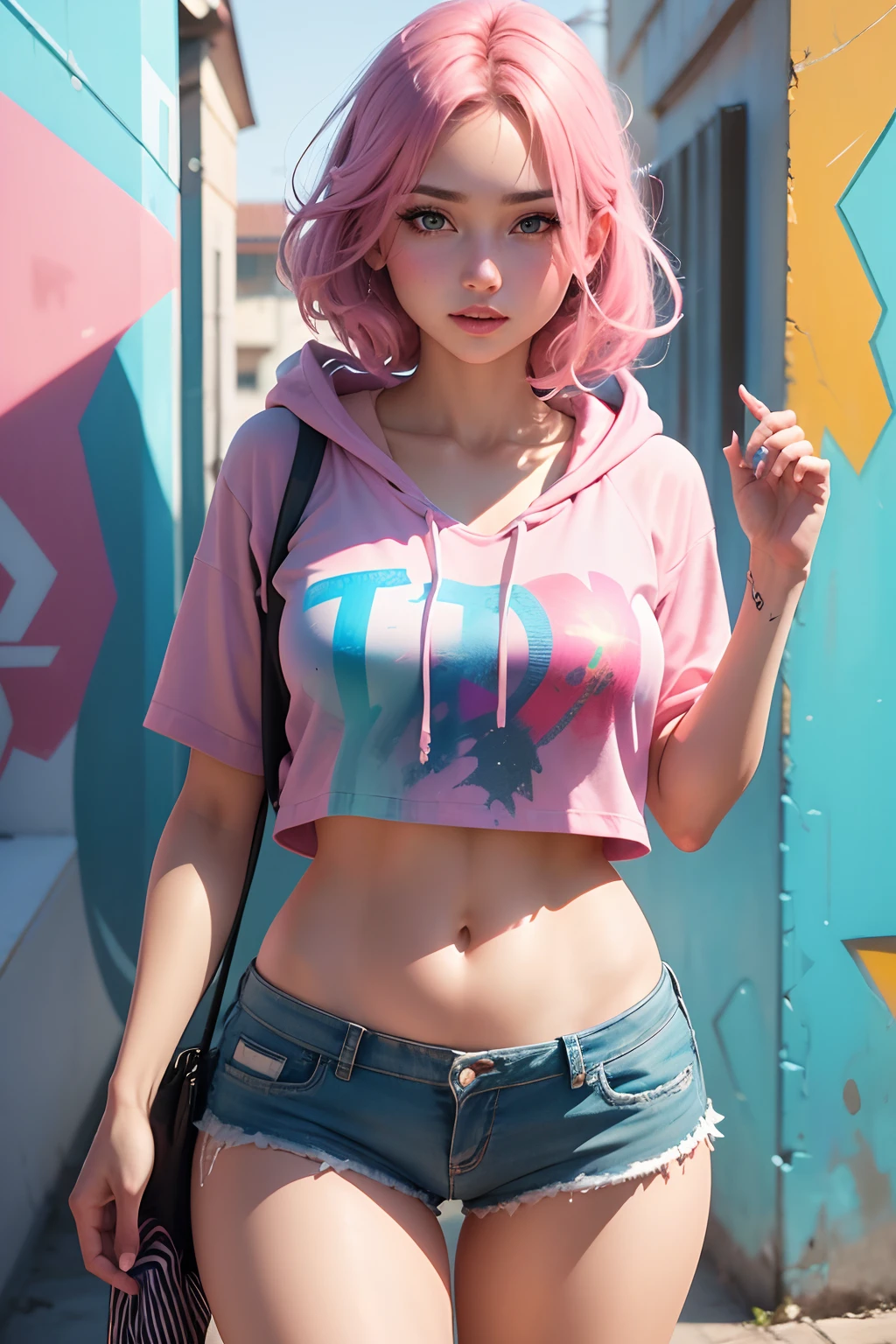 Beautiful round medium breasts, 1girl, ((Neon hair Left blue and right magenta hair, 2 colors , bangs cover the eyes)) ((wolf girl, cute girl face)) light blue eyes, has an beautiful sensual body with freckles, with Beautiful breasts and thin waist, HIP HOP Beautiful and cute pink hoodie, legging shorts fabric delicate, has a bold appearance. young, quality, realistic, best quality, cute expression, pink lipstick lips, Cute smile, In the square with trees