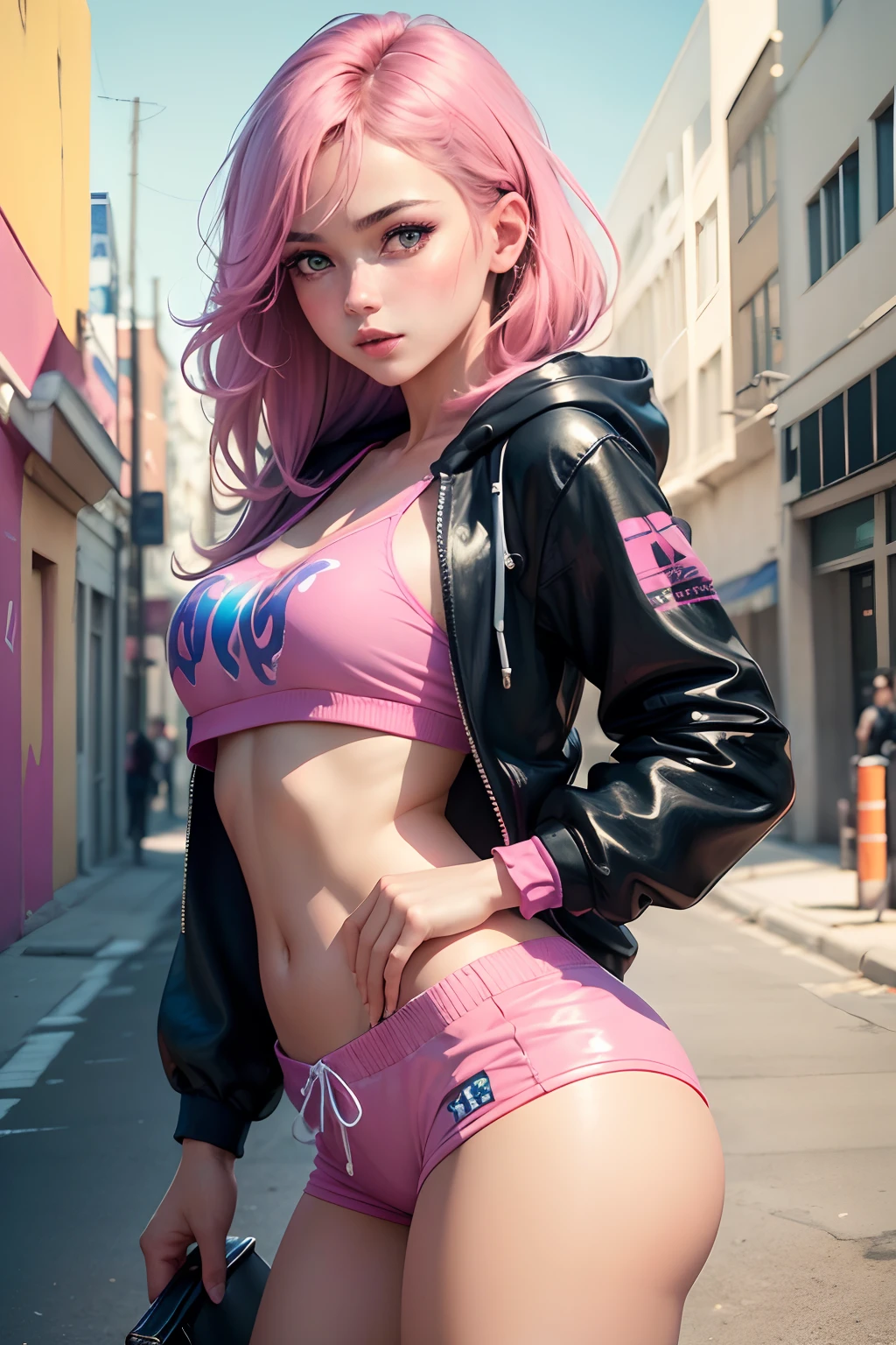 (best quality,4k,8k,highres,masterpiece:1.2),ultra-detailed,(realistic,photorealistic,photo-realistic:1.37),cute girl,beautiful detailed eyes,beautiful detailed lips,extremely detailed eyes and face,long eyelashes,1girl,pink cropped top with hood and short shorts,playful expression,confident pose,clear blue sky in background,soft natural lighting,glossy texture on the clothes,colored graffiti art on the walls,joyful and vibrant atmosphere,street fashion style,colorful street accessories,summer vibe,happy and carefree mood