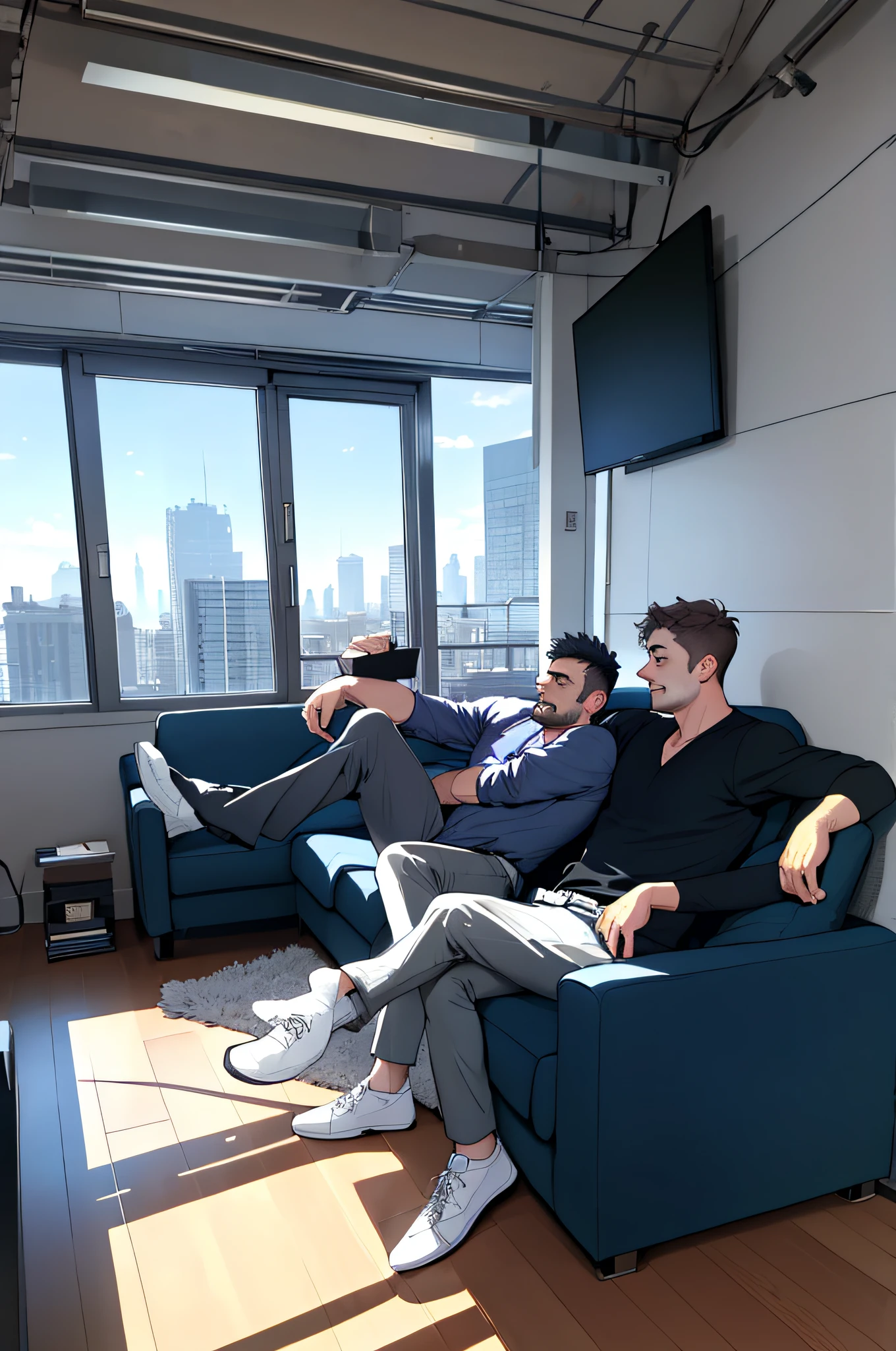 Two urban white-collar men in their 30s sat on the sofa