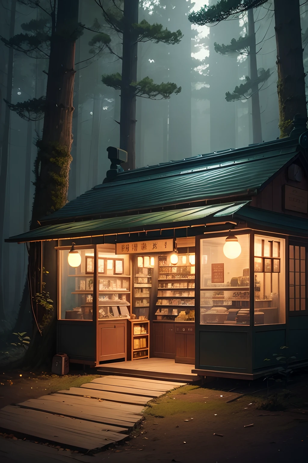 A small shop that incorporates the look of a bus,In the forest,Evening,lanterns,Ambient,Beautiful,in style of hayao miyazaki,CG illustration
