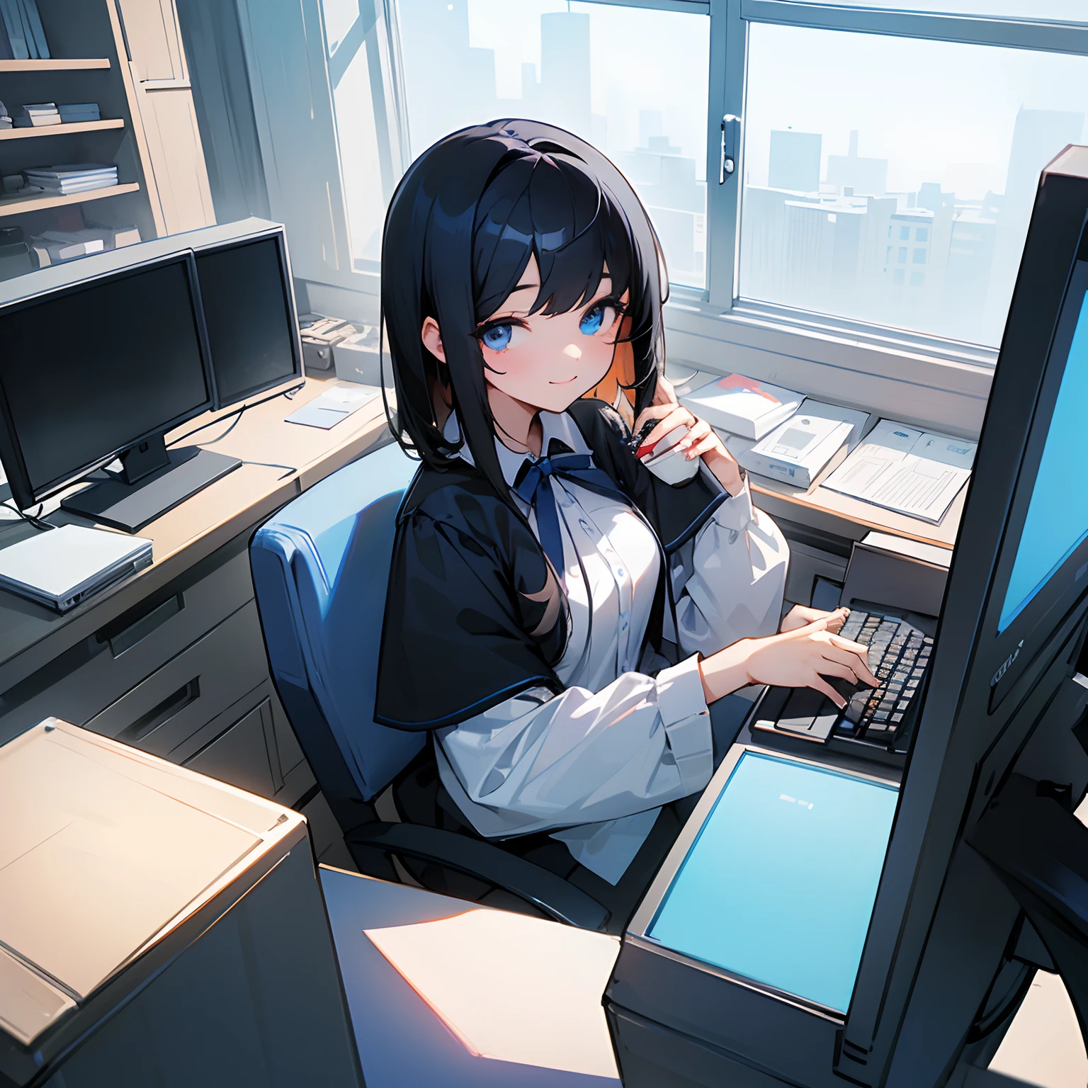 Beautiful illustration、top-quality、girl with、Black hair、shorth hair、A slight smil、(((Delicat eyes)))、blue eyess、drinking a cup of coffee、officeworker、personal computers