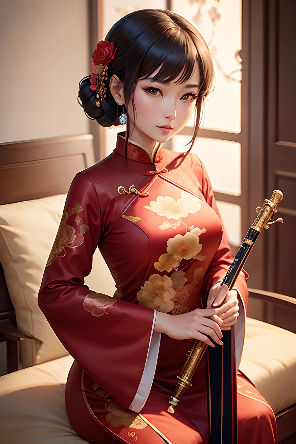 a close up of a woman in a dress holding a flute, cheongsam, wearing a red cheongsam, chinese style, chinese dress, chinese woman, inspired by Min Zhen, chinese empress, exquisite digital illustration, digital art of an elegant, anime girl, artwork in style of sheng lam, by Yang J, inspired by Xie Sun, chinese princess