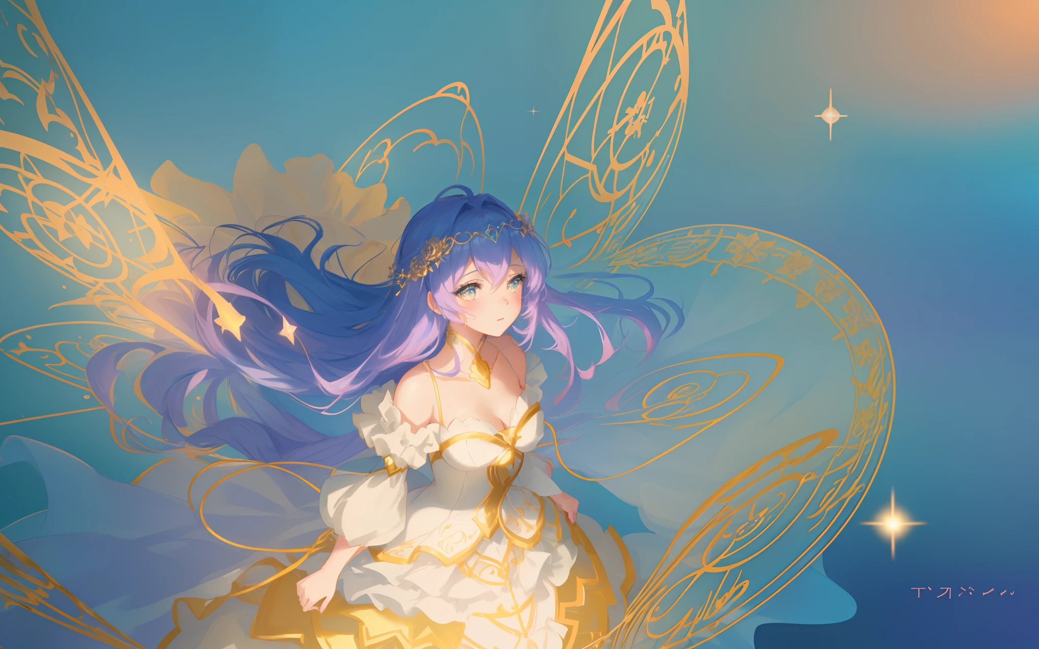 ((layered puff sleeve tiered ballgown)), anime, glowing ethereal hair, beautiful girl, beautiful anime art style, beautiful digital illustration, inspired by Glen Keane, inspired by Lois van Baarle, disney art style, glowing aura around her, jen bartel, glowing lights, (masterpiece, best quality), sharp focus, 8k resolution, intricate detail, highly detailed, swirling lines of light, magical lights, whimsical, magical, fantasia background, pastel colors, beautiful girl, ((golden ratio face)), perfection, beautiful face, sparkling detailed eyes