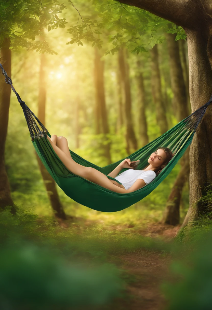 Masterpiece, A high resolution, Girl,Slept in a hammock, pyjamas, (Travel lady), woods, green trees, Mounts, tenten, having picnic, Adventure
