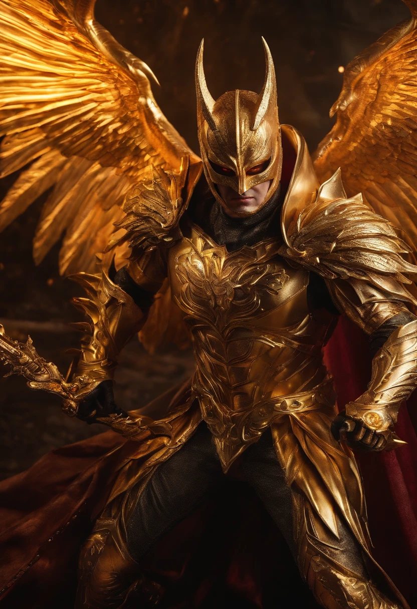 Ultra-realistic devil: A golden angel with wings spread with a fiery sword in his hand, fight batman wearing gold and silver armor