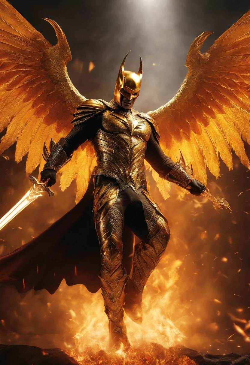 Ultra-realistic devil: A golden angel with wings spread with a fiery sword in his hand, fight batman wearing gold and silver armor