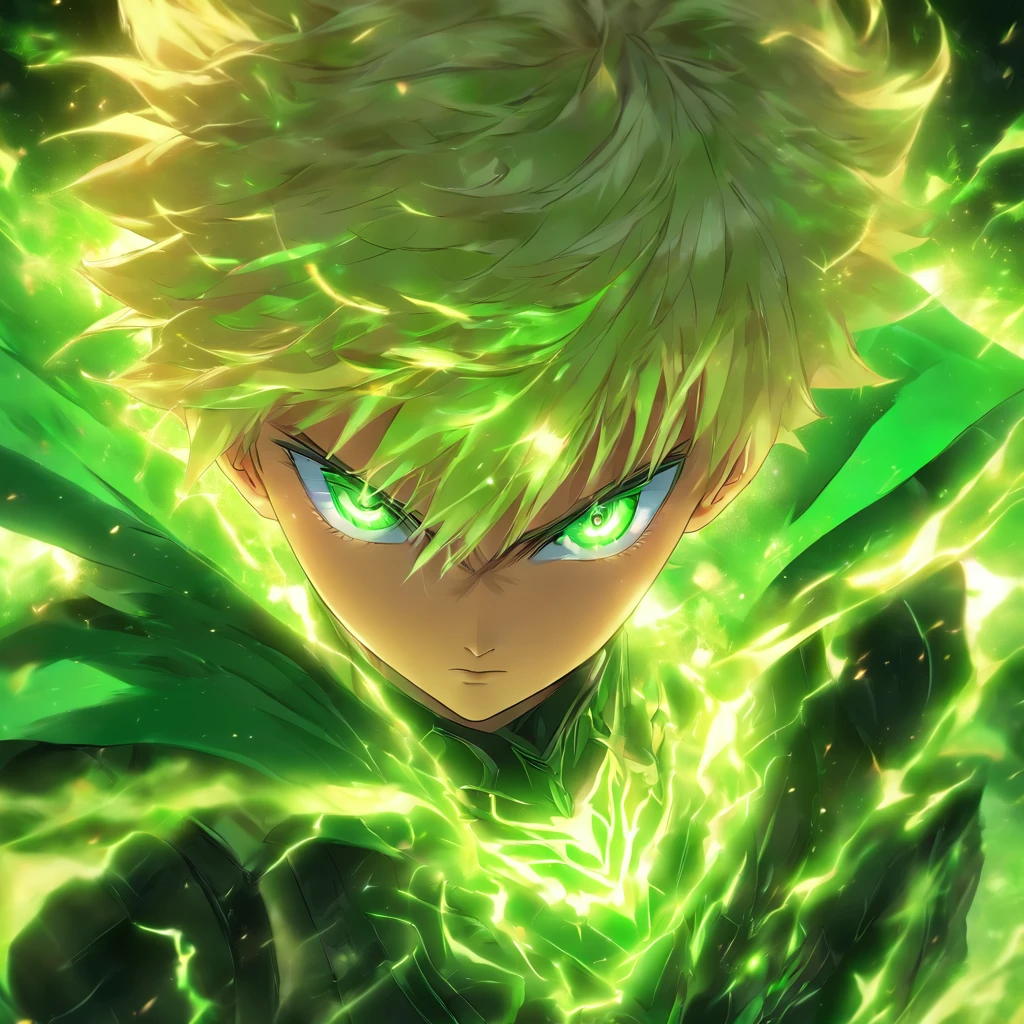 short haired blonde boy with green eyes with powers of darkness