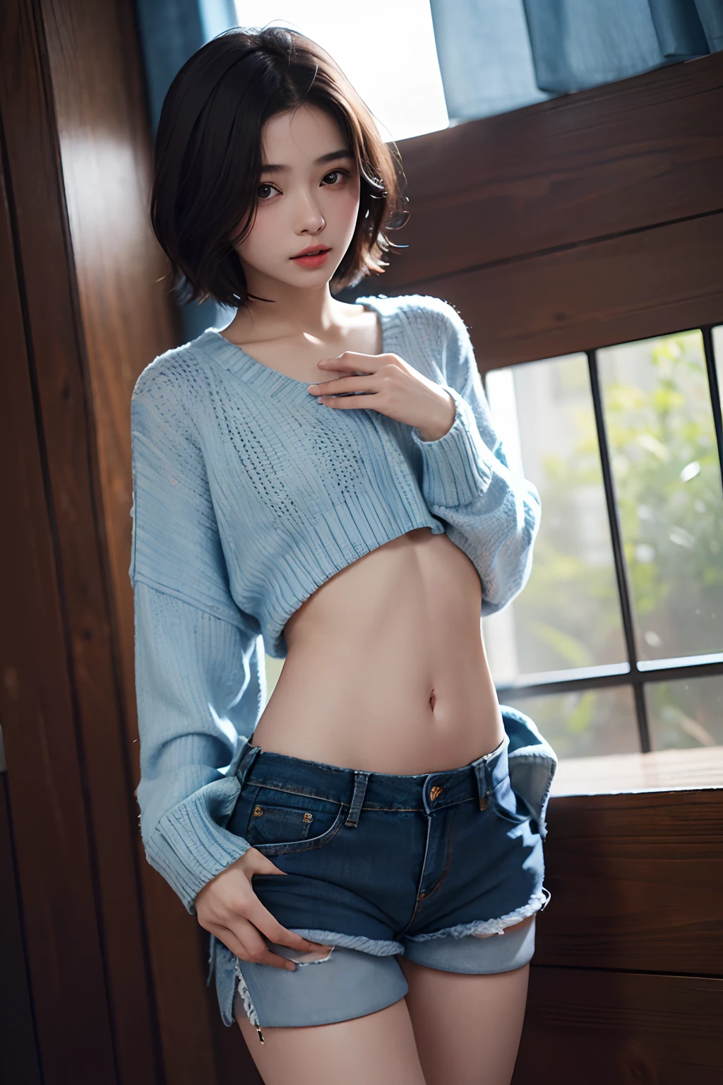 (masuter piece:1.3)、(8K、Photorealsitic、Raw photography、top-quality: 1.4)、(1girl in)、beautiful countenance、(Lifelike face)、(A dark-haired、short-hair:1.3)、Beautiful hairstyle、realisticeyes、Beautiful details、（real looking skin）、Beautiful skins、absurderes、enticing、超A high resolution、A hyper-realistic、high-detail、the golden ratio、((wide open abdomen))、((open abdomen))、((wide open navel))、((open navel))、((Mid-Riff Sweater))、((Ultra-low rise、Denim shorts))、((Navel Ejection))、((small hips))、((long limbs))、((Full body depiction))、((small  hip))、(Ultra-low rise))、((Denim shorts))、((is standing))、