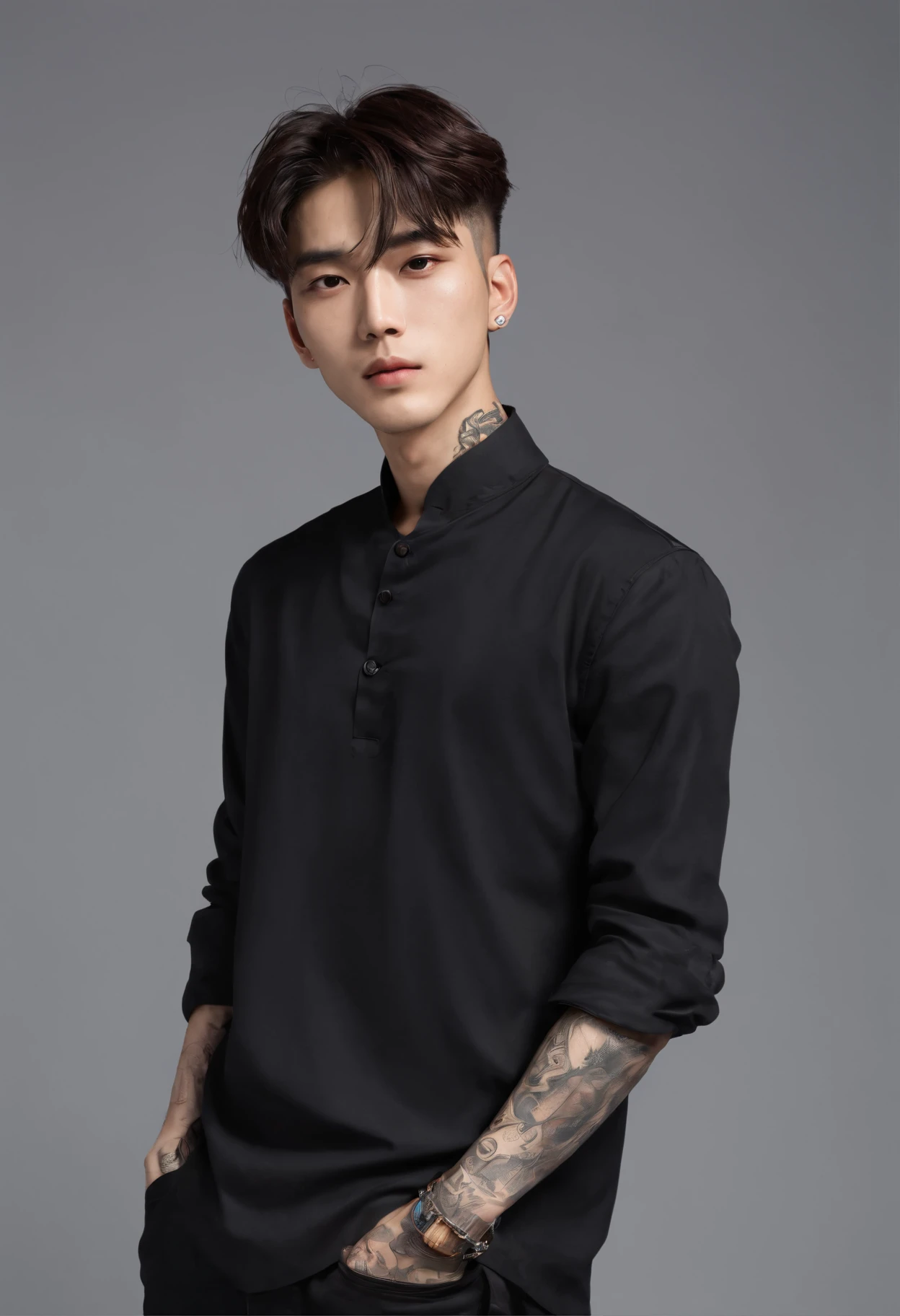 (masterpiece),(high resolution),(high quality), young korean man, broad shoulders,tattoo on neck,wearing earrings,black shirt, Cold face, one hand in his pocket