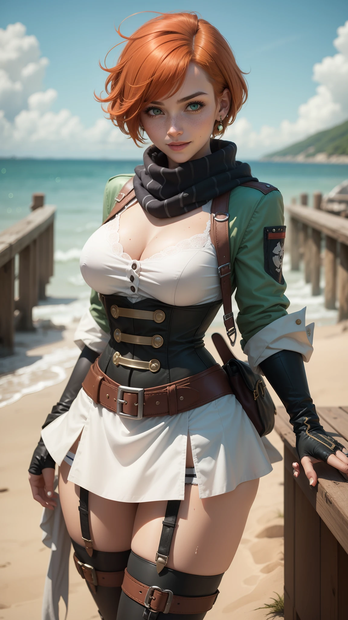 gwen tennyson,tracer,yorha 2b,sinon, rebecca chambers,reisalin stout,pirate outfit,beach,ager,green eyes,thigh high boots,garter belt,striped panties, short hair,orange hair,pirate ship,shy smile,white striped top,tight skirt,wet shirt,freckles,redhead,pirate corset,pirate jacket,beautiful girl,large breasts,ultra detailed,realistic,pearl earrings,long scarf,