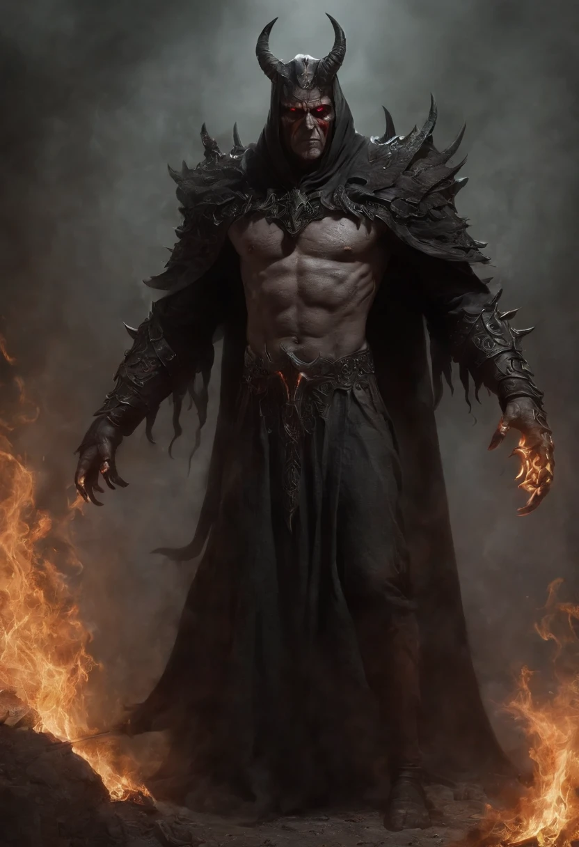 (masterpiece:1.2), (best quality:1.2) Nihilus is one of the five main demons in the new RPG, an evil entity that personifies desolation and destruction. Its appearance is colossal and imposing, emanating an aura of darkness and chaos. He is depicted as a gigantic figure, about ten feet tall. The form of Nihilus is distorted and monstrous. Your body is made up of shadows and flames, as if it were constantly changing. It does not have a stable physical form, looking like a black mass in constant motion. Black flames rise from cracks in its surface, creating a sinister atmosphere around it. The head of Nihilus is a grotesque combination of animal and human characteristics. His eyes are bright and fierce, with red irises that seem to penetrate the soul. It has a mouth full of sharp fangs, capable of emitting a deafening roar that echoes through desolation. Its limbs are long and slender, shrouded in undulating shadows that seem to take on a life of their own. His hands end in curved, pointed claws, capable of delivering devastating blows. As he moves, a trail of destruction and darkness spreads across the ground, as if everything he touched was consumed by desolation. In his drawing, Nihilus is depicted in a desolate and ruined environment, with desert landscapes and burning debris all around him. His presence dominates the scene, and the light seems to dissipate in his proximity, plunging everything into darkness. He is in a haughty and menacing posture, radiating a sense of supreme power. Nihilus' drawing conveys an atmosphere of despair and destruction, capturing his essence as the Lord of Desolation. Your presence in the RPG will pose an epic and terrifying challenge, pitting players against an enemy that seeks to reduce everything to ruin and darkness.