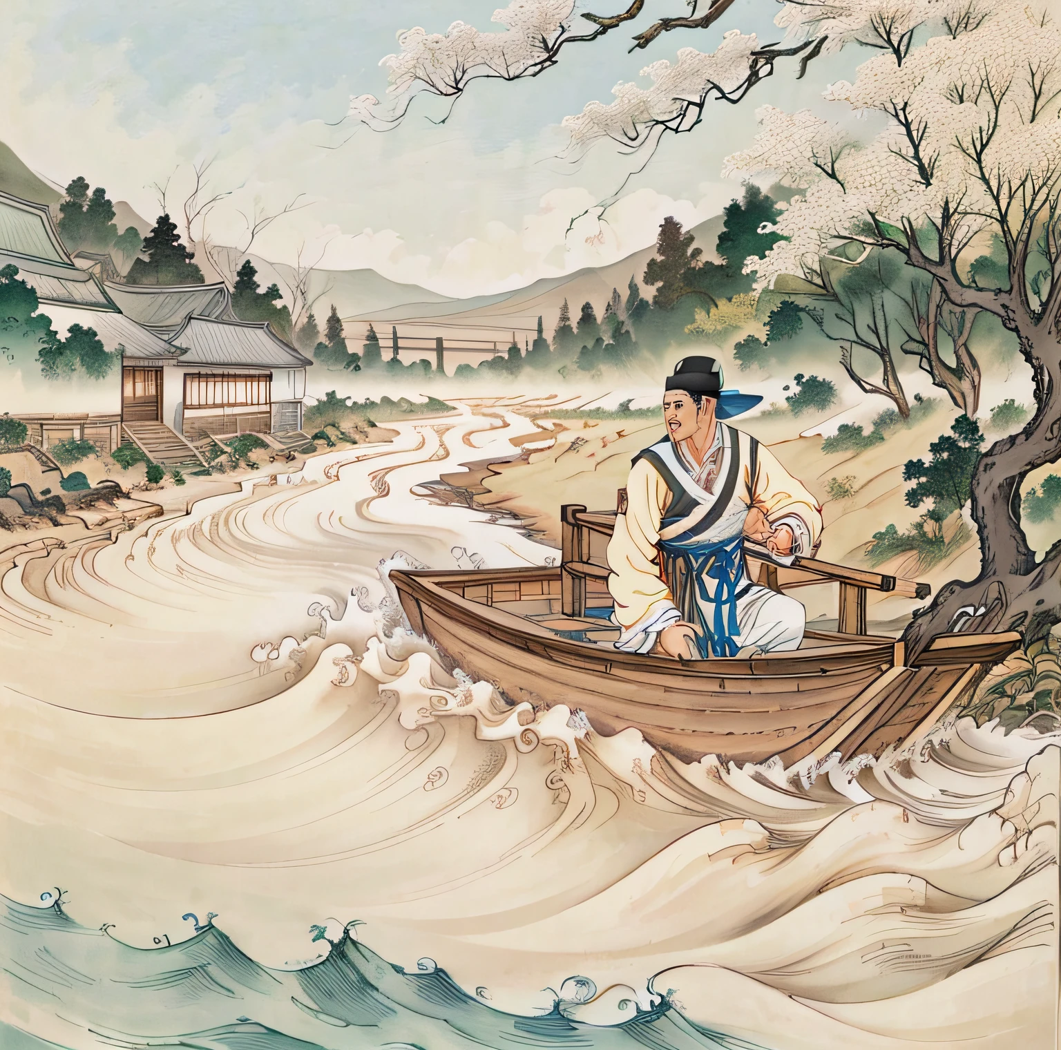 No Man，Billowing river，Drifting a raft。There is a clearing on the shore, and behind it is a dense wood