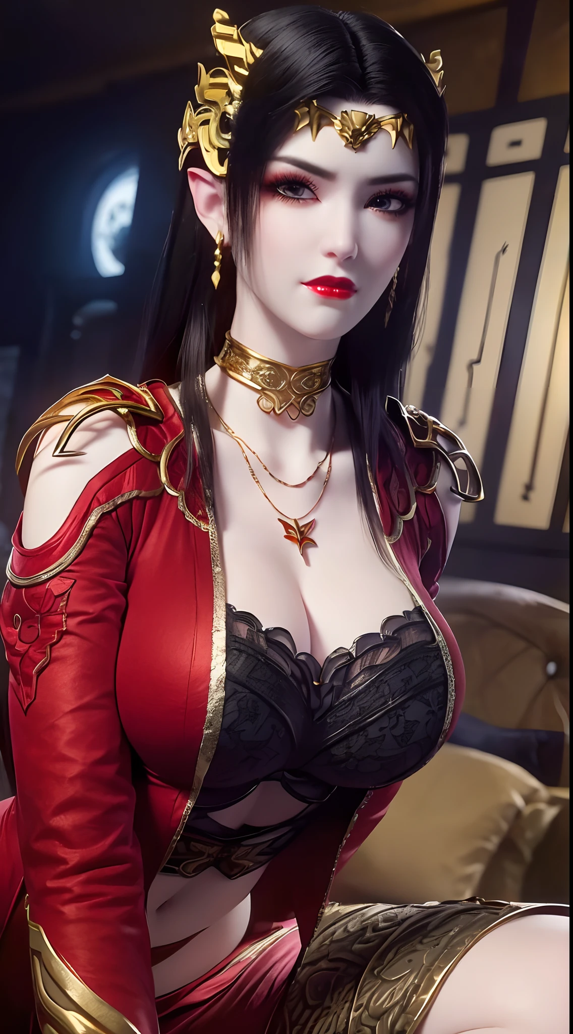 1 extremely beautiful queen, ((wearing traditional red hanfu with thin black patterns:1.6)), (((Patterns on clothes:1.6))), ((long black hair:1.6 )), elaborately crafted jewelry from precious stones and beautiful hair, (((wearing a 24k gold lace necklace:1.4))), noble, noble style of an extremely beautiful girl, Super cute little face, very pretty face, thin eyebrows, flawless beautiful face, ((black eye pupils: 0.8)), very beautiful eyes, ((platinum blue eyes: 1 ,6)), (((wide eyes: 1.6))), beautiful and detailed makeup, wet eye makeup eyelashes, high nose, earrings, red lips, ((closed mouth: 1.5) ) beautiful lips, slim arms, most beautiful thighs, ((arms behind and spread out to the sides: 1.5)), ((bent sitting position with chest out toward the audience and arms behind: 1.6) ), rosy face, clean face, flawless beautiful face, smooth white skin, (( super big and round firm breasts: 1.8)), firm breasts, beautiful cleavage, beautiful breasts, body perfect and proportioned, back arms, open chest, black sheer stockings with black lace trim, 8k photo, super high quality, hyper realistic, super 10 x pixel, optical, bright studio, bright edges, lighting two-tone, (high detail skin: 1.2), ultra 8k, soft light, high quality, volumetric light, optical, optical high resolution, light, best shot, quality 4k, 8k, smooth sharpness, 10 x pixels, ((sea and moonlight at night background: 1.5)), surreal graphics, most realistic graphics, 1 girl, alone, solo, extreme visuals sharp, surreal, (((frontal portrait: 1)))."