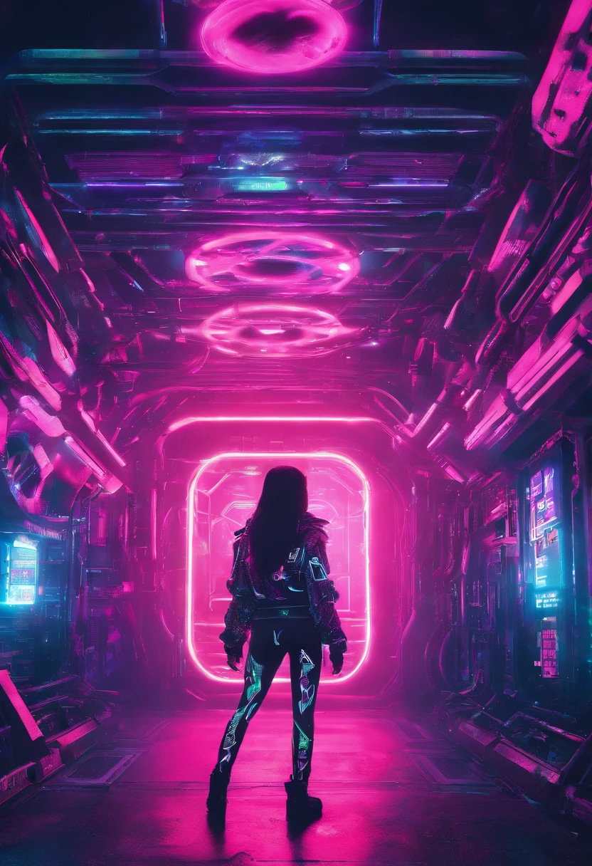 Cyberpunk girl entering into a great gate with YouTube logo, colored in black and neon, featuring intricate and complex mechanical structures with glowing parts. simple background, Photographed by Juergen Teller. Camera model: Sony A9 II. Camera parameters: shutter speed 1/200, aperture f4.5, ISO 800. Lighting style: street light. Fancy words: powerful, sleek, futuristic