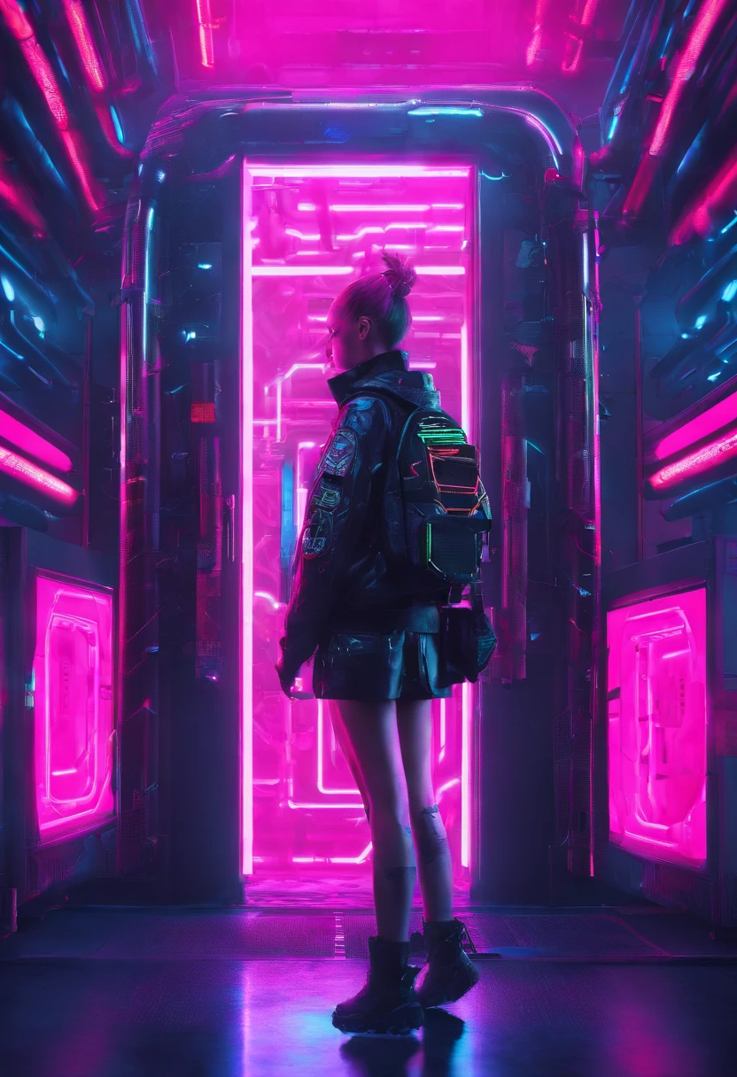 Cyberpunk girl entering into a great gate with YouTube logo, colored in black and neon, featuring intricate and complex mechanical structures with glowing parts. simple background, Photographed by Juergen Teller. Camera model: Sony A9 II. Camera parameters: shutter speed 1/200, aperture f4.5, ISO 800. Lighting style: street light. Fancy words: powerful, sleek, futuristic