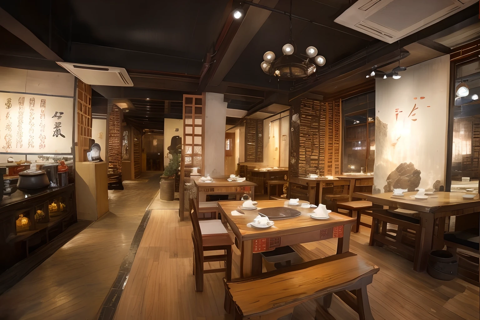 Inside the hot pot restaurant,The lighting is dim,dark outside,There was a big room,There are tables and chairs and a wall with Asian characters written on it, warm and joyful atmosphere, Rustic, shaxi, nanquan, by Ni Yuanlu, daoshu, inspired by Liu Haisu, restaurant interior photography, delicacy, pleasant cozy atmosphere, Yan, full - view, Ancient sword, restaurant, jin shan, zun, nostalgic vibes