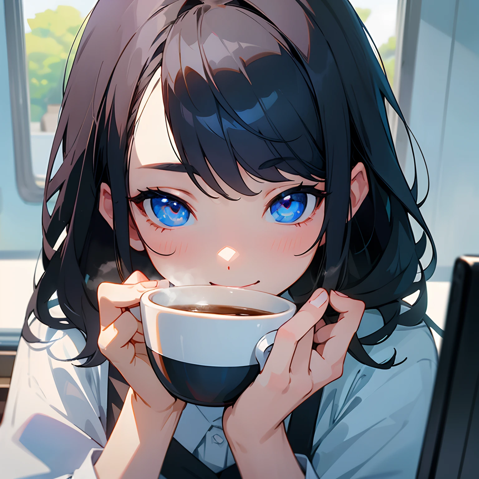 Beautiful illustration、top-quality、girl with、Black hair、shorth hair、A slight smil、(((Delicat eyes)))、blue eyess、drinking a cup of coffee、officeworker、personal computers