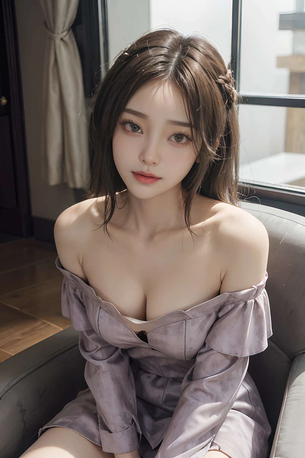 1girl in、japanese beauty girl、a baby face、Double eyelids、beautiful vintage color、hight resolution、8K、Raw photography、top-quality、masterpiece、realisitic、foco nítido、Professional Writing、(de pele branca:1.2)、(Viewer's Perspective:1.3)、(Middle hair、Light brown :1.4)、portlate、bangss、(inside in room、Luxurious suede chair:1.4)、独奏、The upper part of the body、(Off shoulder dress、brack:1.5)、(Tilt your head and look at us:1.5)、(Hide your arms behind your back)、realisitic、(glowy skin)、makeups、(A smile)、(skinny、Mouth closure、full of shyness:1.3)、Medium bust、cleavage of the breast、sexypose、