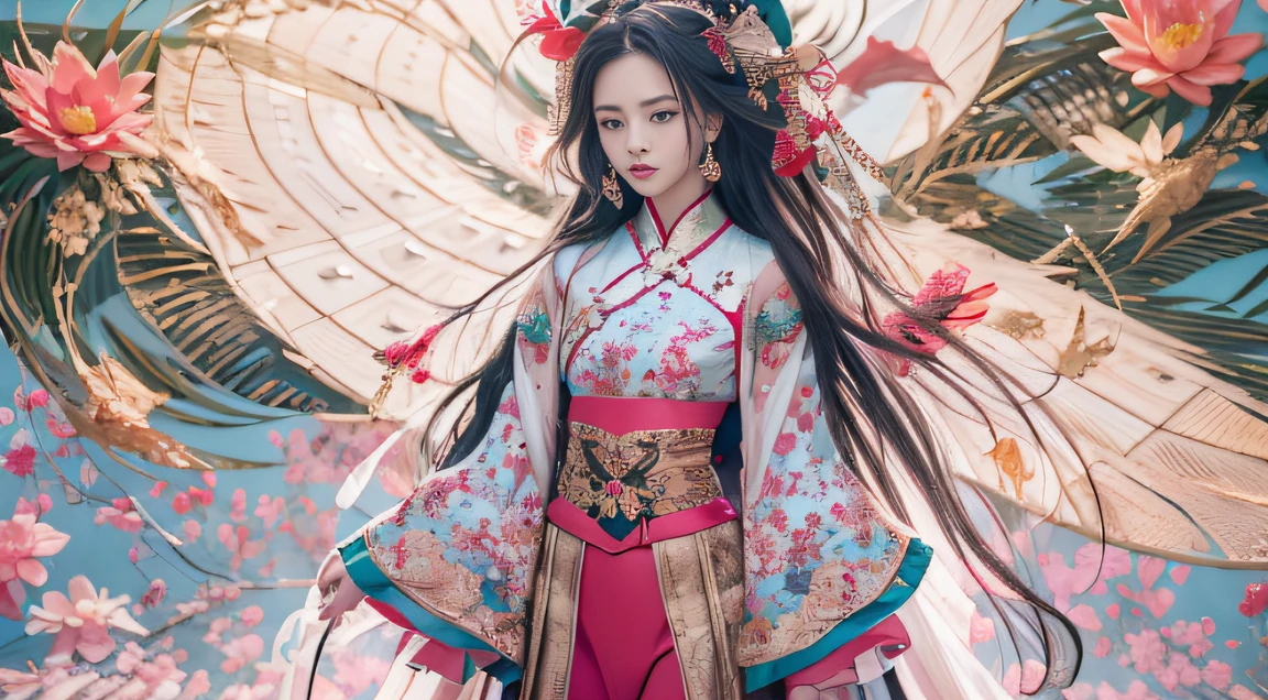32K(tmasterpiece,k hd,hyper HD,32K)Long flowing black hair,ponds,zydink, a color, Hold the knife in both hands (Slightly drunk girls), (Rouge scarf), Combat posture, looking at the ground, long whitr hair, Floating hair, Carp pattern headdress, Chinese long-sleeved taupe pink outfit, (Abstract gouache splash:1.2), Pink petal background,Pink and white lotus flowers fly(realisticlying:1.4),Black color hair,Fallen leaves flutter,The background is pure,Hold the knife in both hands , A high resolution, the detail, RAW photogr, Sharp Re, Nikon D850 Film Stock Photo by Jefferies Lee 4 Kodak Portra 400 Camera F1.6 shots, Rich colors, ultra-realistic vivid textures, Dramatic lighting, Unreal Engine Art Station Trend, cinestir 800,Long flowing black hair,Silk clothes