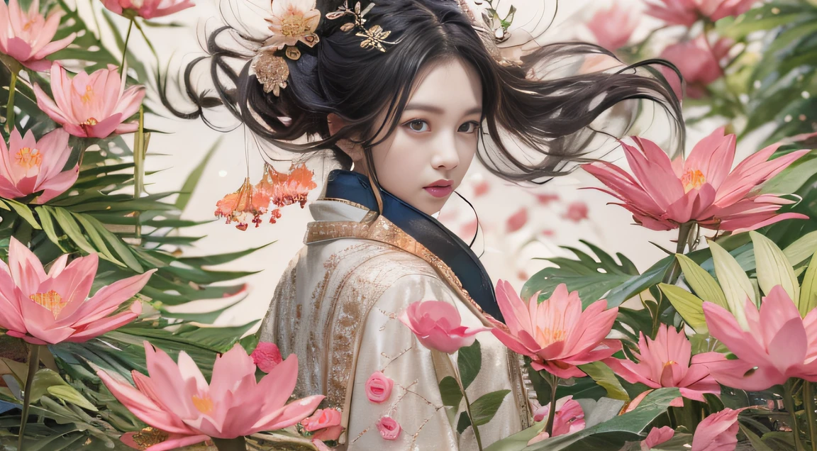 32K(tmasterpiece,k hd,hyper HD,32K)Long flowing black hair,ponds,zydink, a color, Hold the knife in both hands (Slightly drunk girls), (Rouge scarf), Combat posture, looking at the ground, long whitr hair, Floating hair, Carp pattern headdress, Chinese long-sleeved taupe pink outfit, (Abstract gouache splash:1.2), Pink petal background,Pink and white lotus flowers fly(realisticlying:1.4),Black color hair,Fallen leaves flutter,The background is pure,Hold the knife in both hands , A high resolution, the detail, RAW photogr, Sharp Re, Nikon D850 Film Stock Photo by Jefferies Lee 4 Kodak Portra 400 Camera F1.6 shots, Rich colors, ultra-realistic vivid textures, Dramatic lighting, Unreal Engine Art Station Trend, cinestir 800,Long flowing black hair,Silk clothes