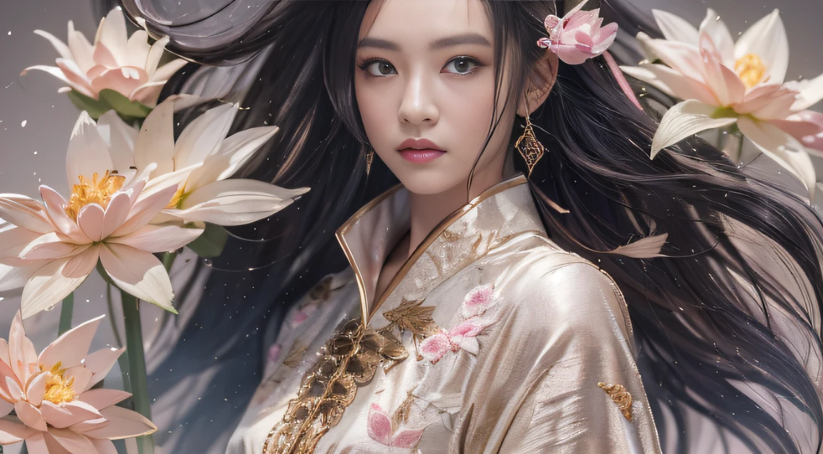32K(tmasterpiece,k hd,hyper HD,32K)Long flowing black hair,ponds,zydink, a color, Hold the knife in both hands (Slightly drunk girls), (Rouge scarf), Combat posture, looking at the ground, long whitr hair, Floating hair, Carp pattern headdress, Chinese long-sleeved taupe pink outfit, (Abstract gouache splash:1.2), Pink petal background,Pink and white lotus flowers fly(realisticlying:1.4),Black color hair,Fallen leaves flutter,The background is pure,Hold the knife in both hands , A high resolution, the detail, RAW photogr, Sharp Re, Nikon D850 Film Stock Photo by Jefferies Lee 4 Kodak Portra 400 Camera F1.6 shots, Rich colors, ultra-realistic vivid textures, Dramatic lighting, Unreal Engine Art Station Trend, cinestir 800,Long flowing black hair,Silk clothes