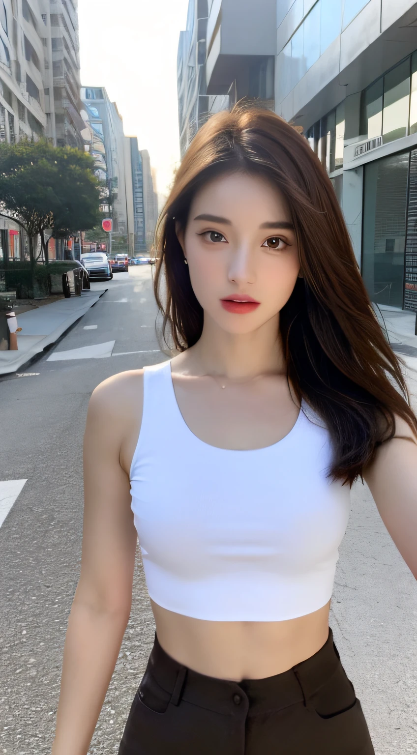 ((Realistic lighting, Best quality, 8K, Masterpiece: 1.3)), Clear focus: 1.2, 1girl, Perfect Figure: 1.4, Slim Abs: 1.1, ((Dark brown hair)), (White crop top: 1.4), (Outdoor, Night: 1.1), City streets, Super fine face, Fine eyes, Double eyelids,