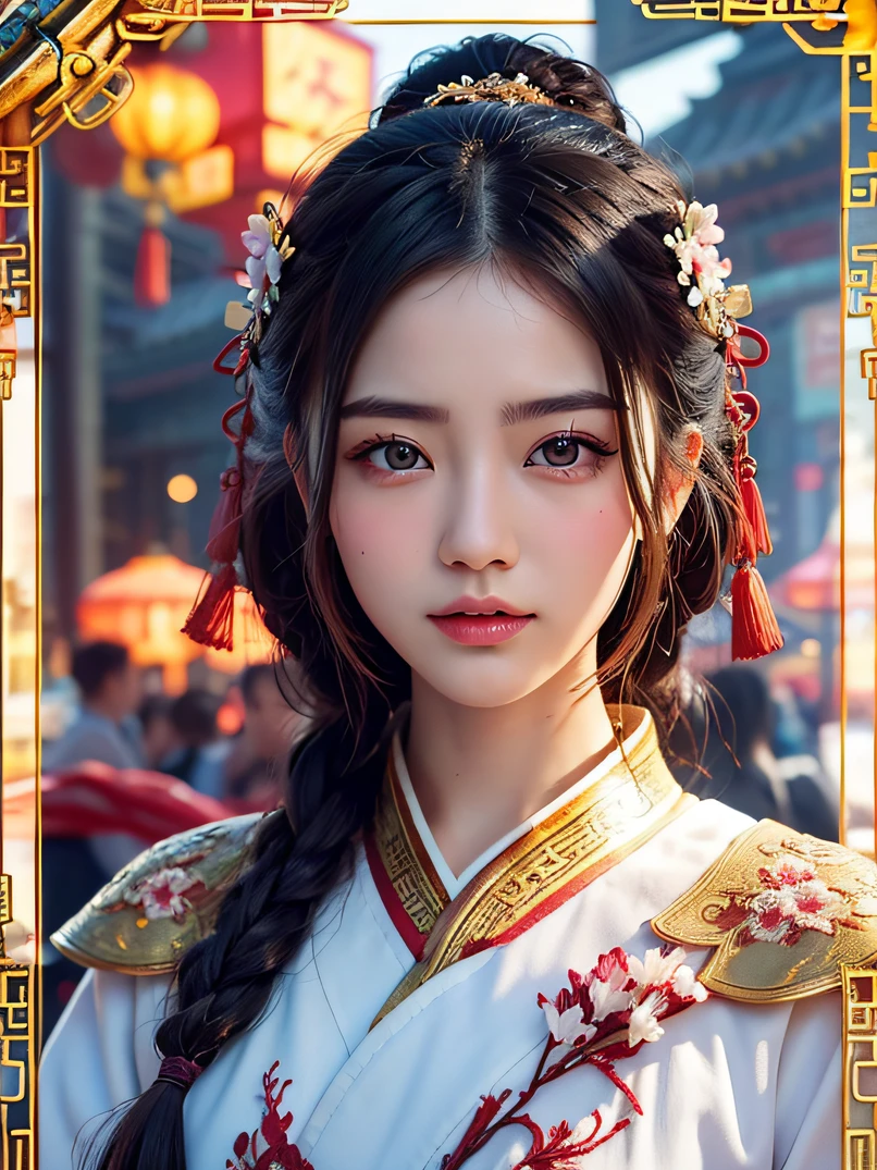Chinese picture frame portrait、 Thick border at top of picture frame、Thick frame at the bottom of the picture frame、Thick left and right frames of the picture frame、bustshot、White background、 Original、Top image quality、​masterpiece、Ultra Detailed CG、colourfull、Ink splashes、color splashes、watercolor paiting、Clear Sharp Focus、1girl in、Chinese style、flowers background、plein air、boulders、watching at viewers、happy facial expression、Soft smile、pure、Beautiful face and eyes、Beautiful and intricate clothing decoration patterns、A dark-haired、Black eyes、colorwater、detailed face depiction、Detailed hand depiction