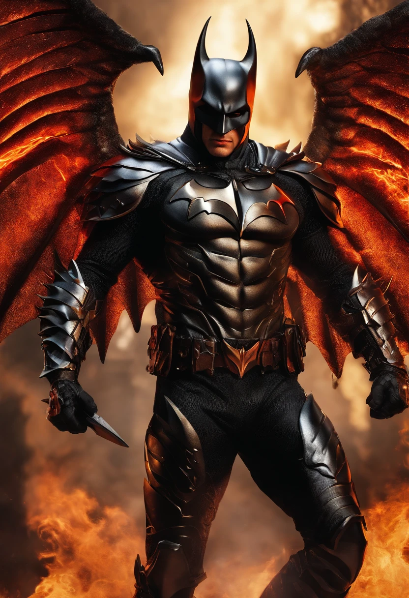 Ultra-realistic devil: A silver and black armor batman angel with wings spread with a fiery sword in his hand, fire in the background