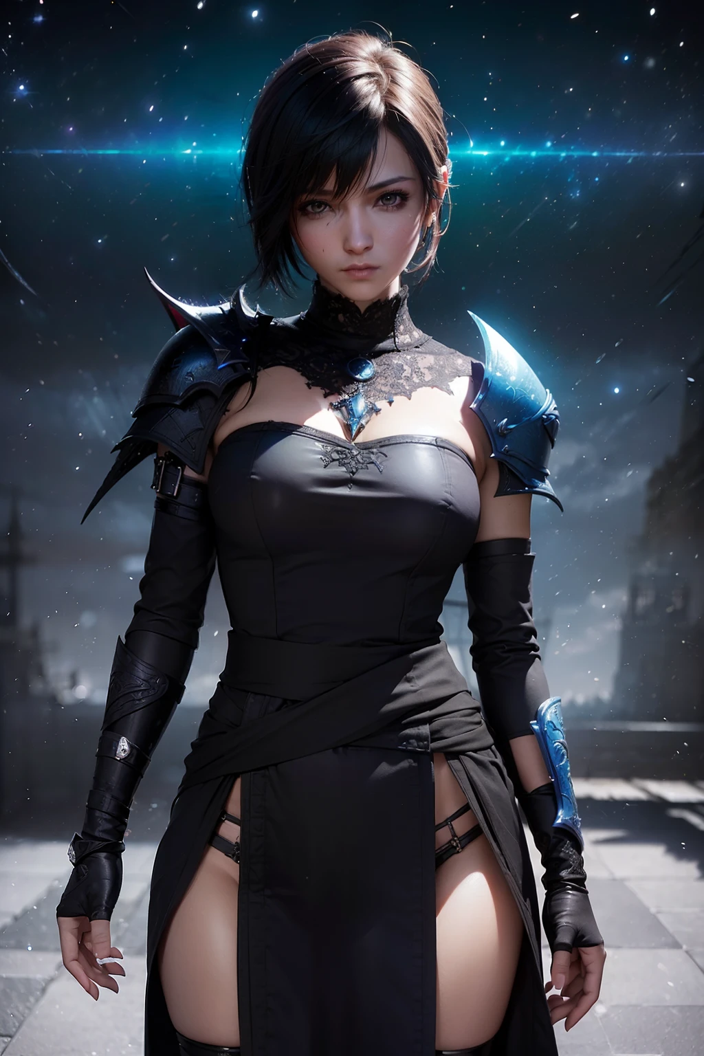 (((From face to the waist view::1. 4))), realistic skin texture, front view::1.0, (((Final Fantasy aesthetic style))) in fantasy armor, panning photography::1, midnight hour, expressive hyper detailed beauty eyes::1.0, black short hair