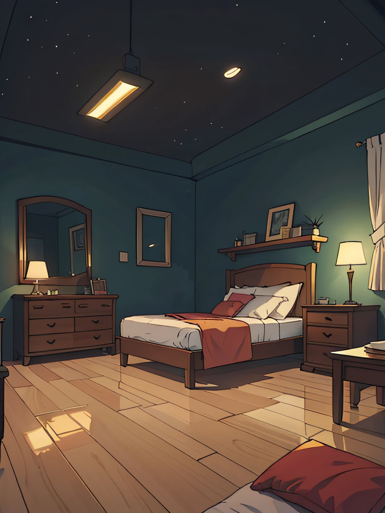 Front view,Lots of flooring,Night girls' room,Lighting atmosphere,Ambiguous,mirrors,Beds,spacious