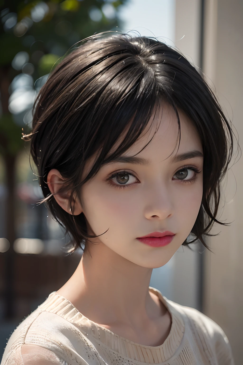 (masterpiece:1.3), (8k, photorealistic, RAW photo, best quality: 1.4), (1girl), beautiful face, (realistic face), (black hair, short hair:1.3), beautiful hairstyle, realistic eyes, beautiful detailed eyes, (realistic skin), beautiful skin, (sweater), absurdres, attractive, ultra high res, ultra realistic, highly detailed, golden ratio